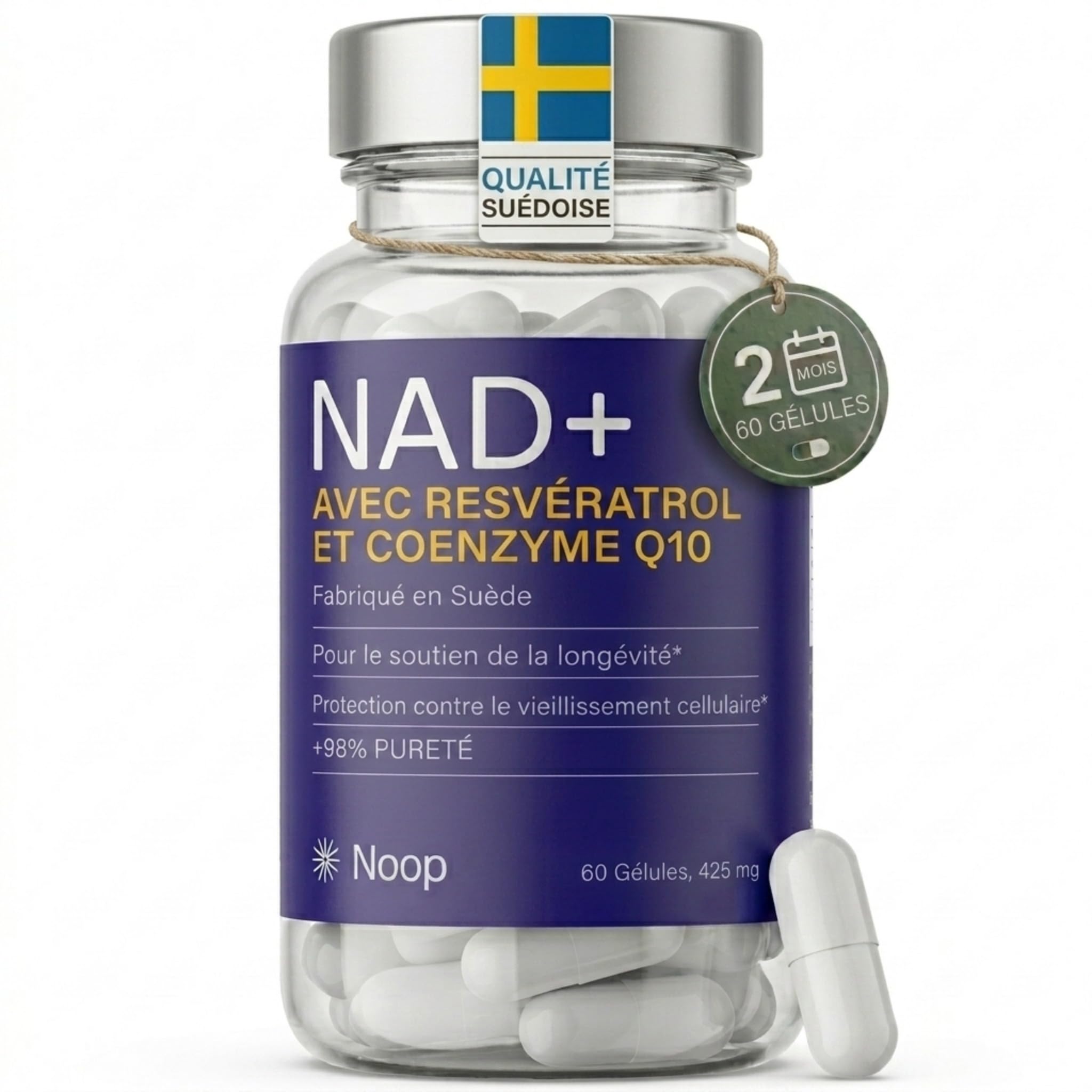 NAD+ Complexe Premium avec Resvératrol & Coenzyme Q10-425mg Formule Anti-Âge - Soutien Cellulaire & Énergie - Végan, Testé en Laboratoire - 60 Gélules - Fabriqué en Suède
