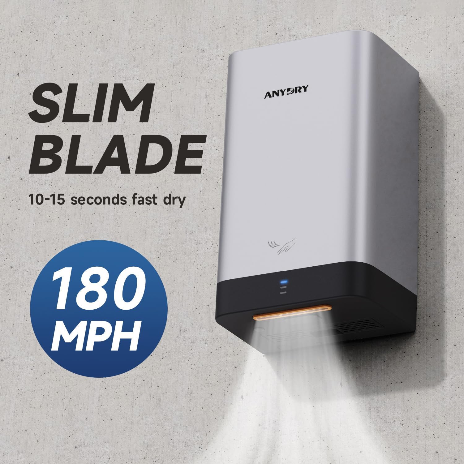 anydry AD2822 hand dryer with 'Slim Blade' and '180 MPH' text
