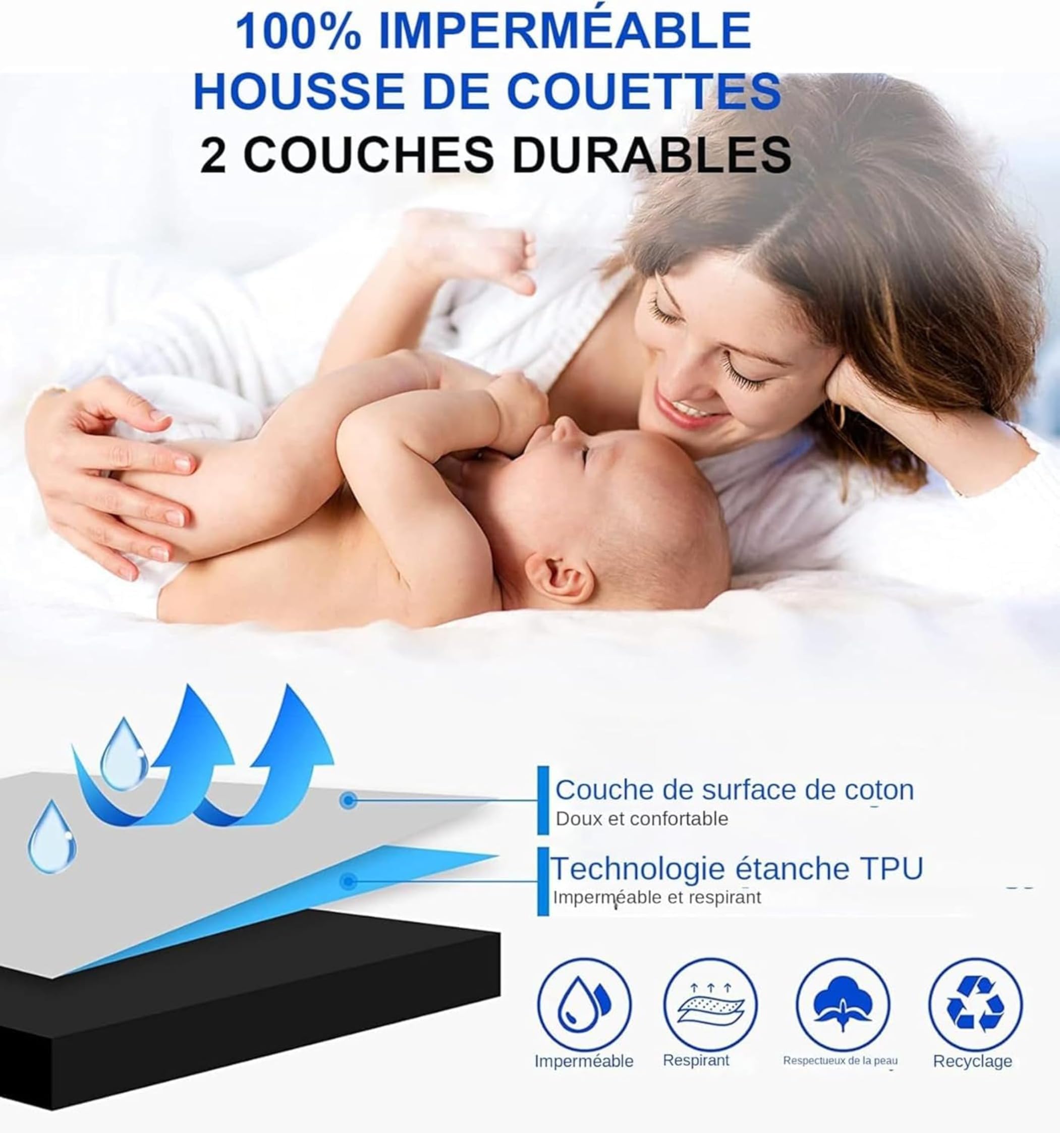 WYFKYMXX Housse de Couette imperméable Doux et Confortable Protège Couette imperméable hypoallergénique étanche Waterproof Duvet Protector (Blanc, 260 x 240 cm)