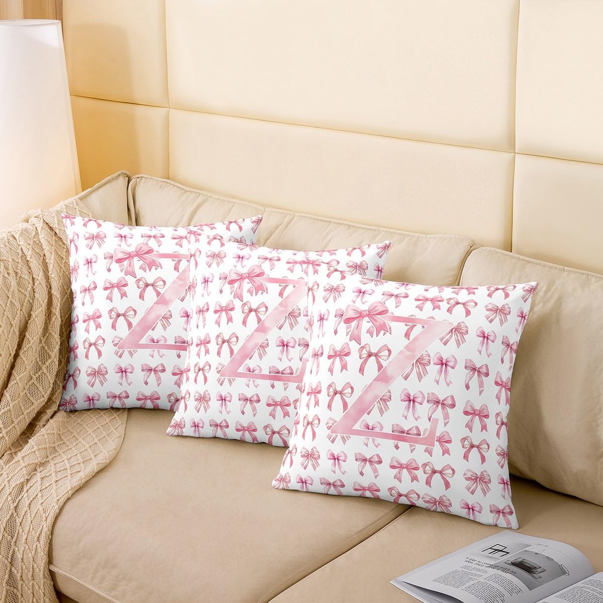 Personalized Initial Z Pillow Covers 16"x16",Coquette Pink Bows Personalized Cushion Covers for Couch Sofa,Girly Unique Bowknot Outdoor Pillow Cases,Kawaii Girly Reversible Throw Cushion Cases image 4