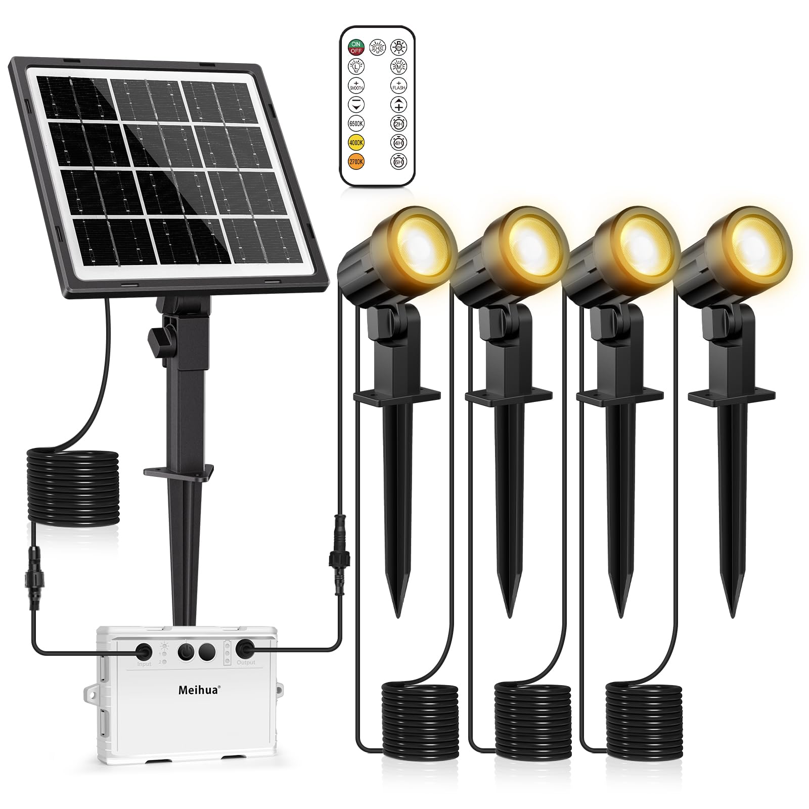 MEIHUASolar Spot Lights Outdoor Garden, 4 in 1 2700K/4000K/6500K Adjustable LED Solar Powered Spotlight, IP66 Waterproof Solar Landscape Spotlights 3 Brightness for Garden Pathway Yard Tree