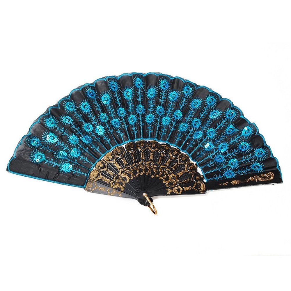 – Peacock Pattern Embroidered Flower Pattern Black Cloth Lace Silk Folding Hand Fan Sequins Flower Spanish Style Decorative Fashionable (Blue)