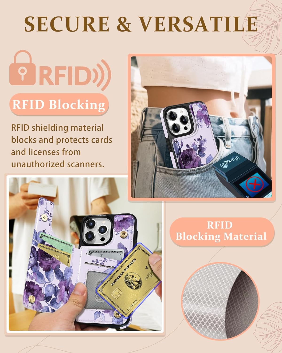 for iPhone 15 Pro Max Wallet Case with Card Holder, Designer Purple Flower Pattern Kickstand Magnetic Clasp Back Flip Folio Leather Phone Cases for iPhone 15 Promax for Women Men Girls - Image 5