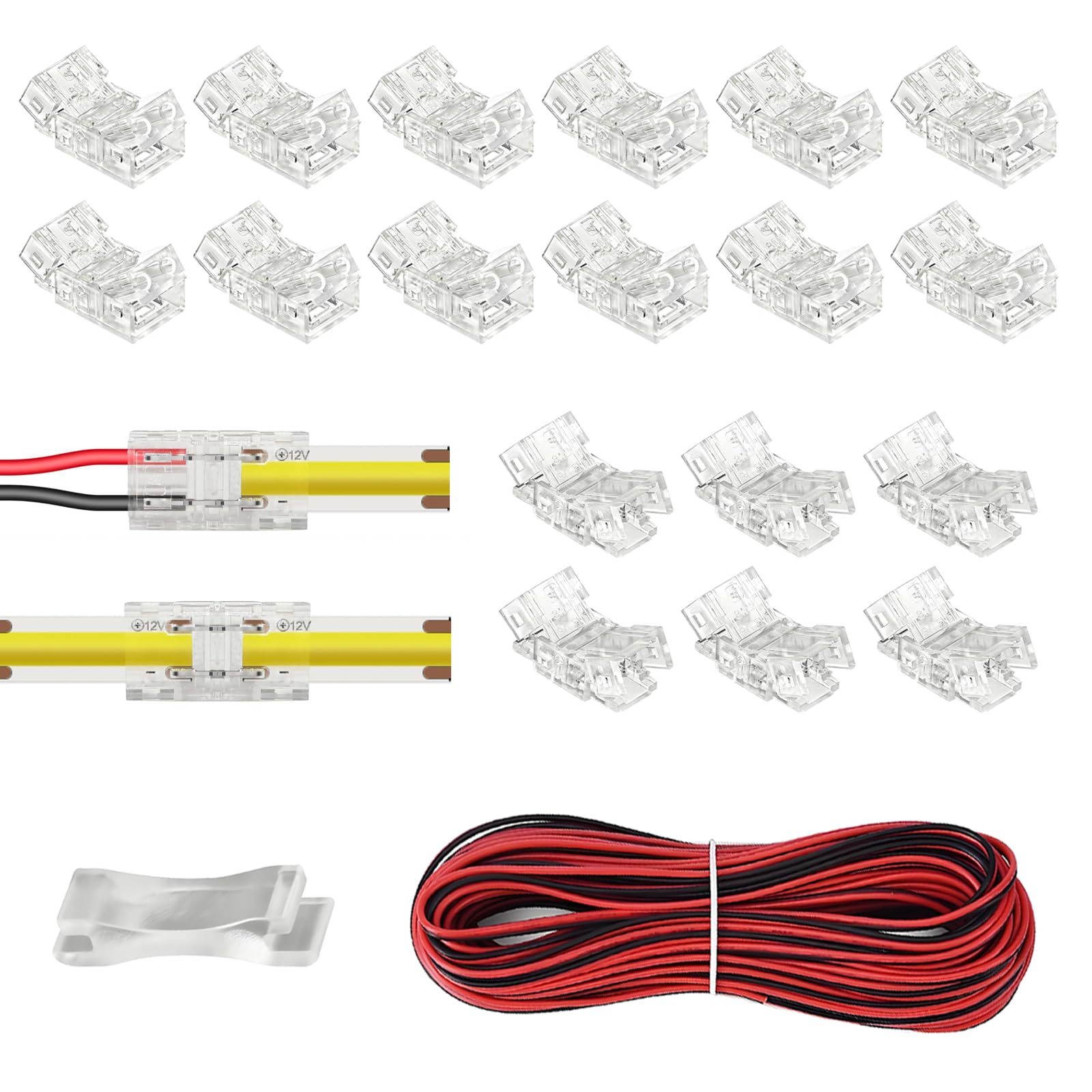 20 Pcs COB LED Strip Connectors Set, Include 12 Wire Connectors Adapters and 6 Straight Center Connectors Waterproof Solderless Quick Connection with 5M Cable and Open Tool, Terminals for LED Strips