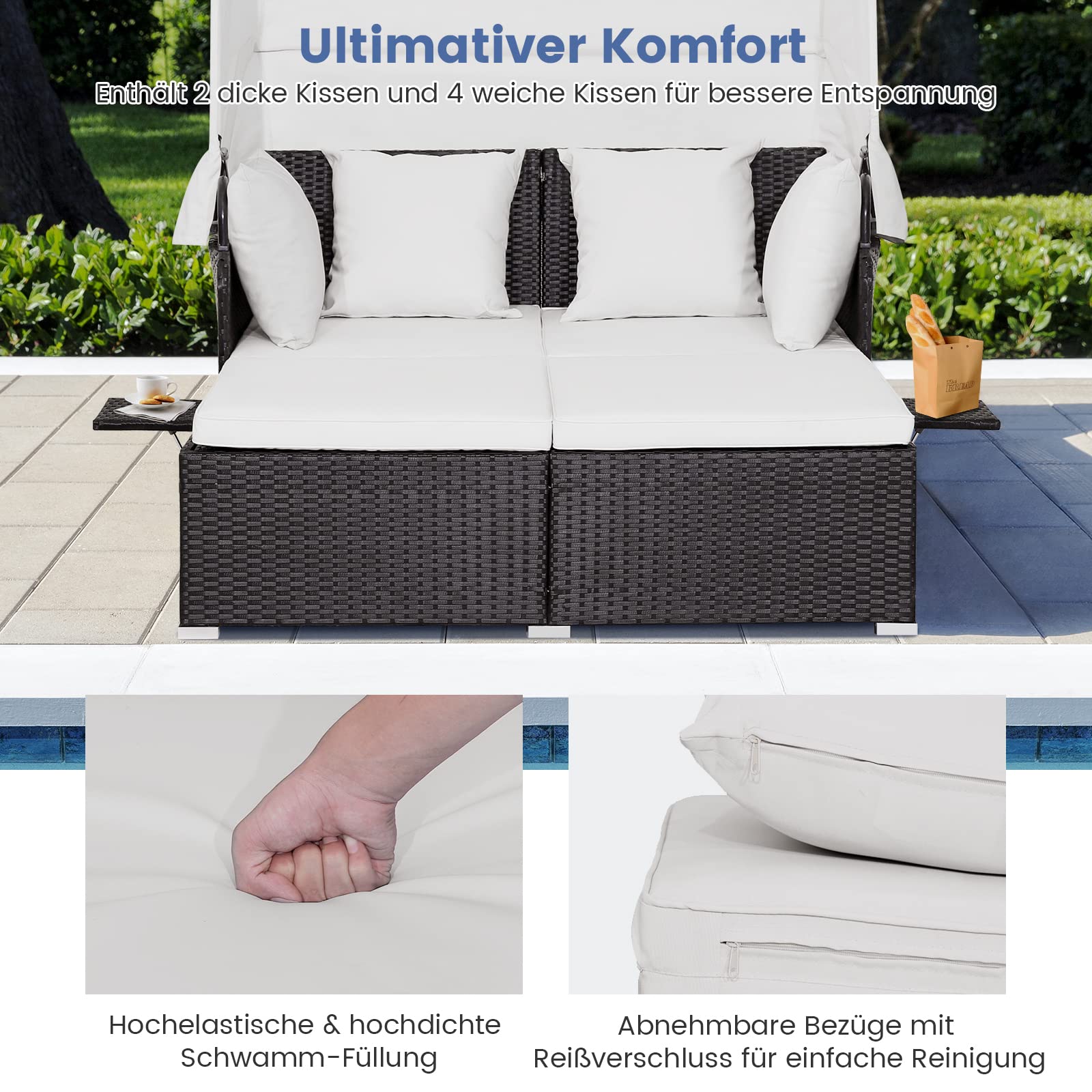 GOPLUS Rattan Lounge ze składanym dachem przeciwsłonecznym, leżak ogrodowy z poduszką do siedzenia i oparcia, podwójna sofa ogrodowa do ogrodu i na taras