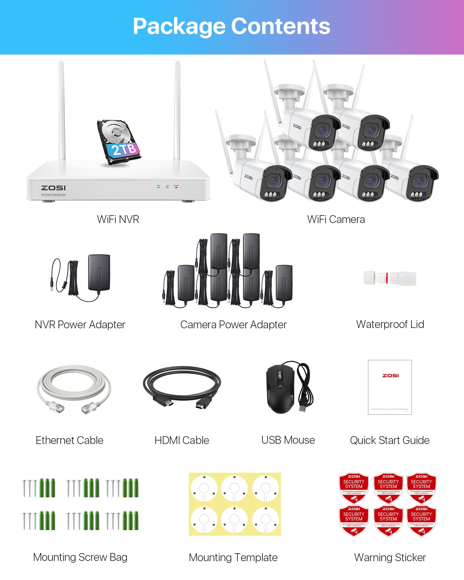 ZOSI 4MP Kit Cámaras de Vigilancia WiFi 8CH H.265+ Grabador NVR Inalámbrico con 6X Cámaras Impermeables, Visión Nocturna, Alarma de Movimiento, 2TB HDD Incluido
