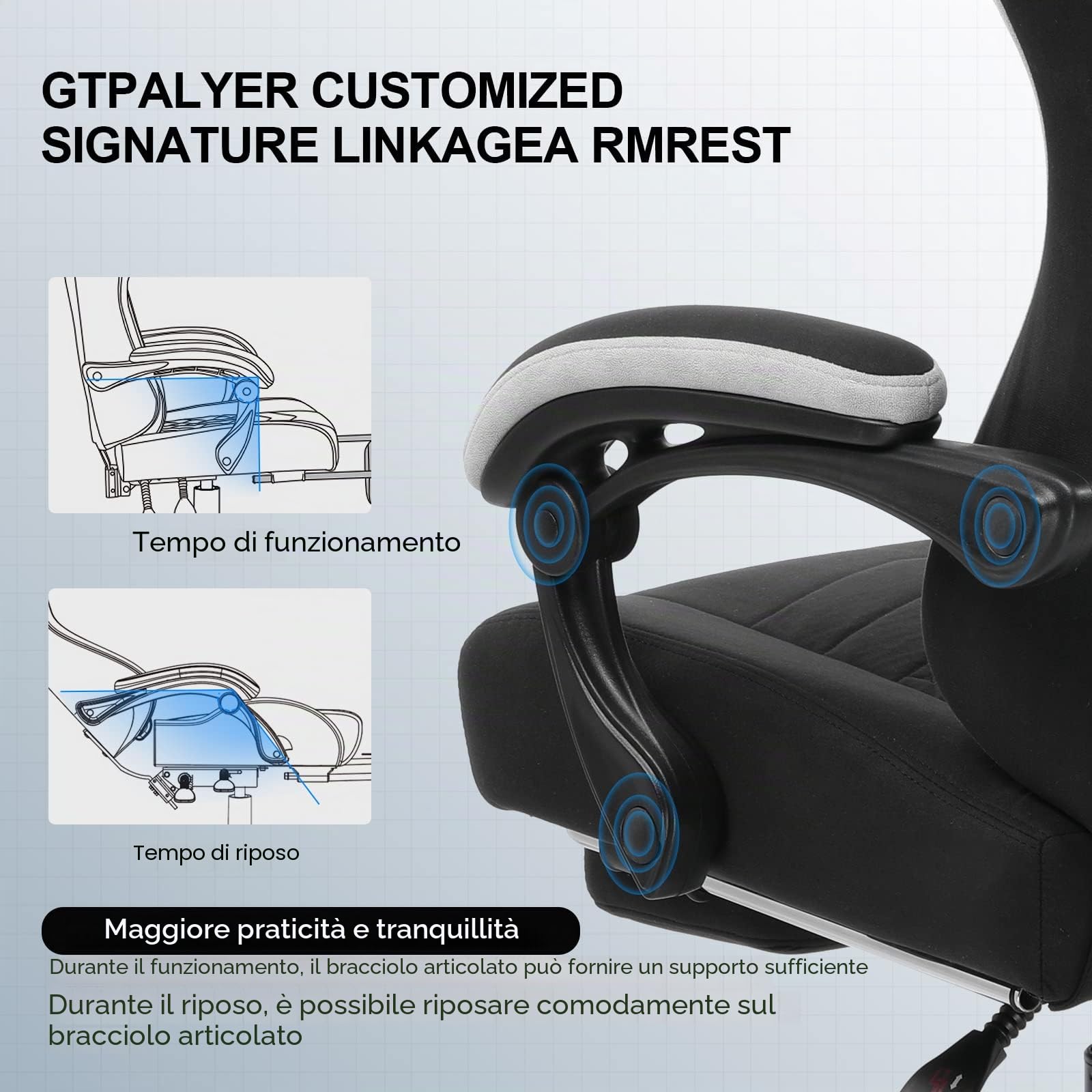 GTPLAYER Sedia da gaming, ergonomica, da scrivania, con superficie in tessuto, cuscino a molla, braccioli di collegamento e poggiapiedi, Negro