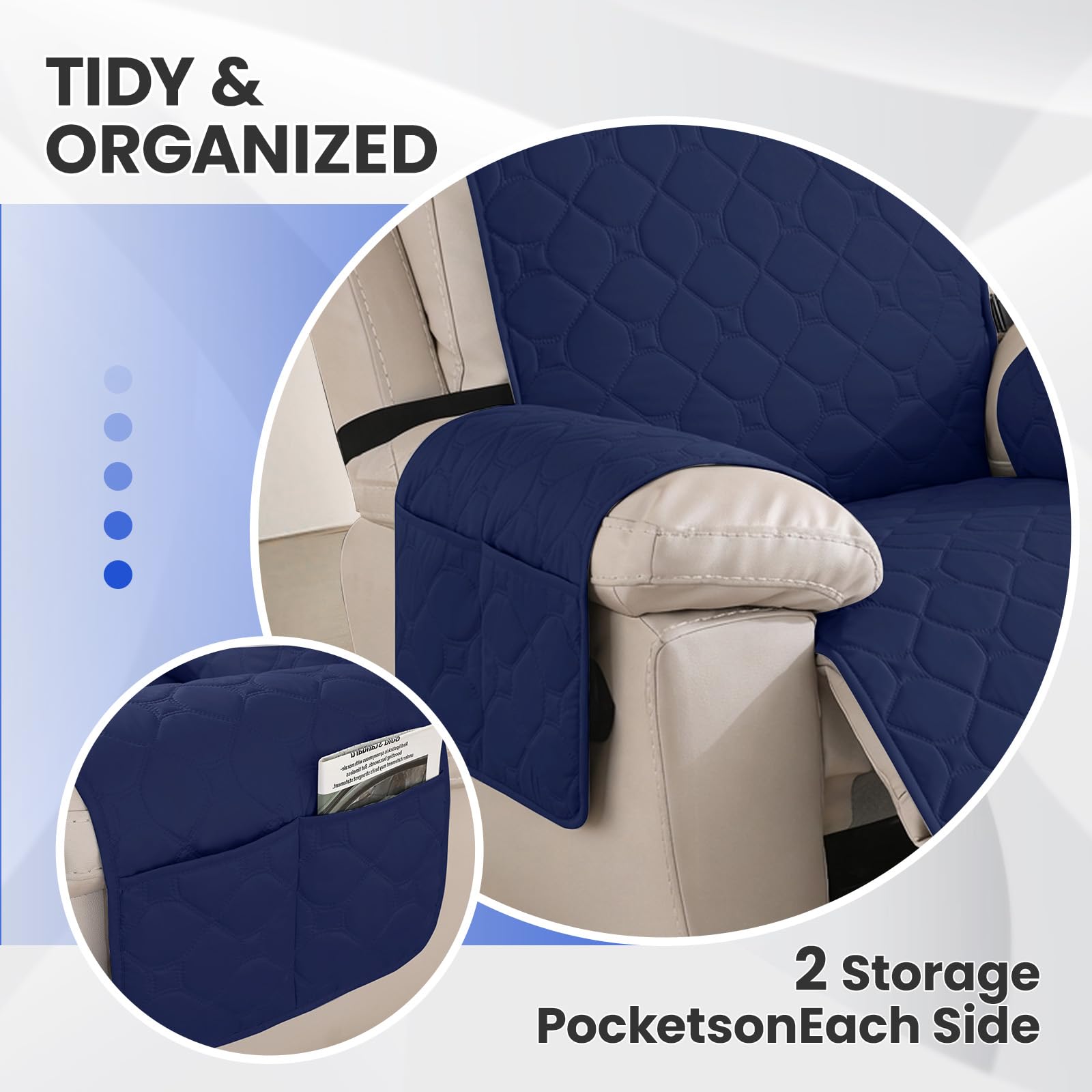 Ystyle 100% Étanche Housse Fauteuil Relax Inclinable Electrique, Antidérapant Protection Fauteuil Relax Grand 1 Place avec Poches Latérales, Lavable Housse de Fauteuil Inclinable, Bleu Marine