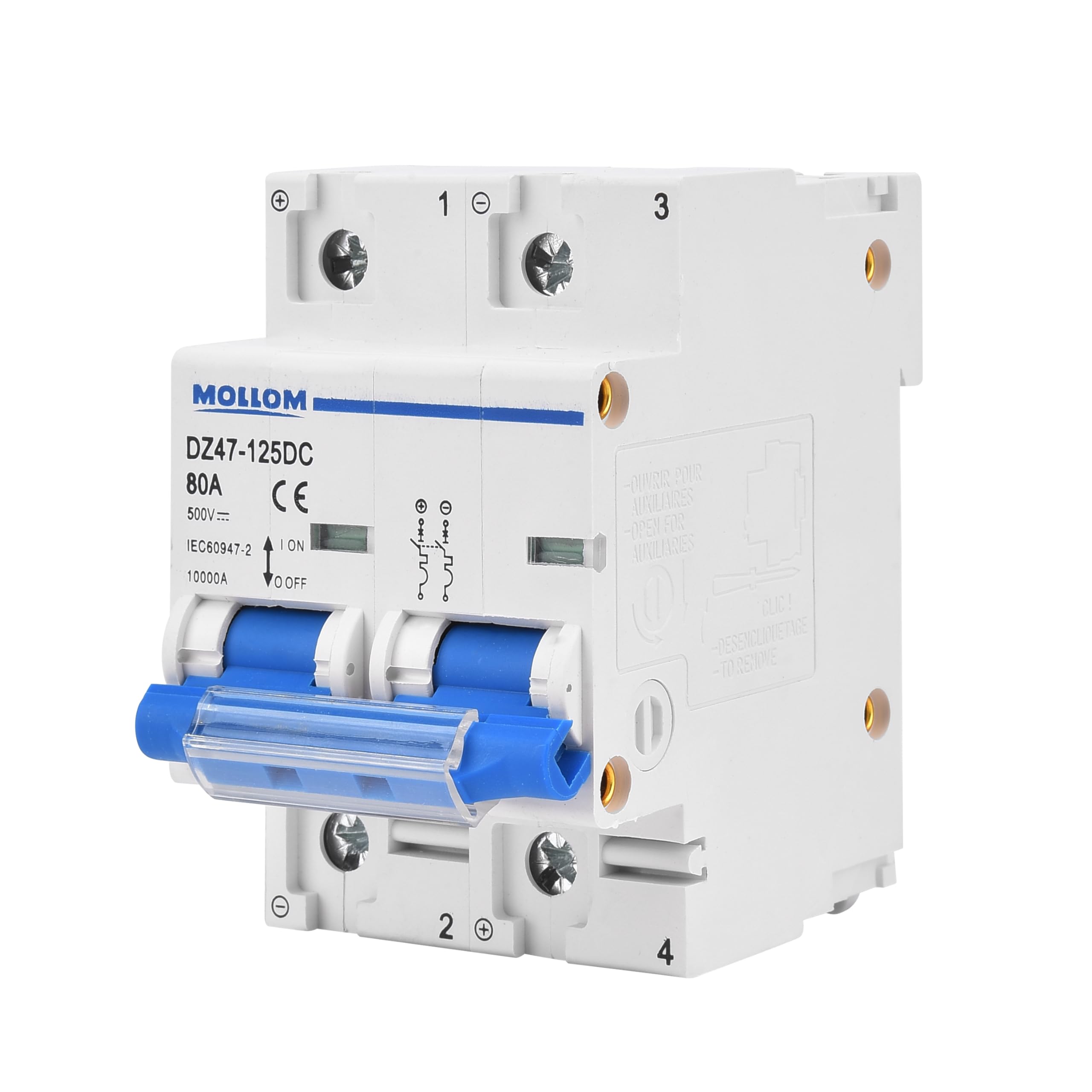 MOLLOM DC 2 Pole Miniature Circuit Breaker, 500V 80Amps, Scene Visualization Custom MCB Thermal Magnetic Trip, 6KA Breaking Capacity DC Disconnect Switch for Solar Photovoltaic System