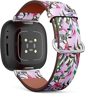 CJBROES Replacement Leather Watch Band, Compatible with Fitbit Versa 3 and Fitbit Sense of Wristband Bracelet Accessory - Tropical Flower Plant Leaf