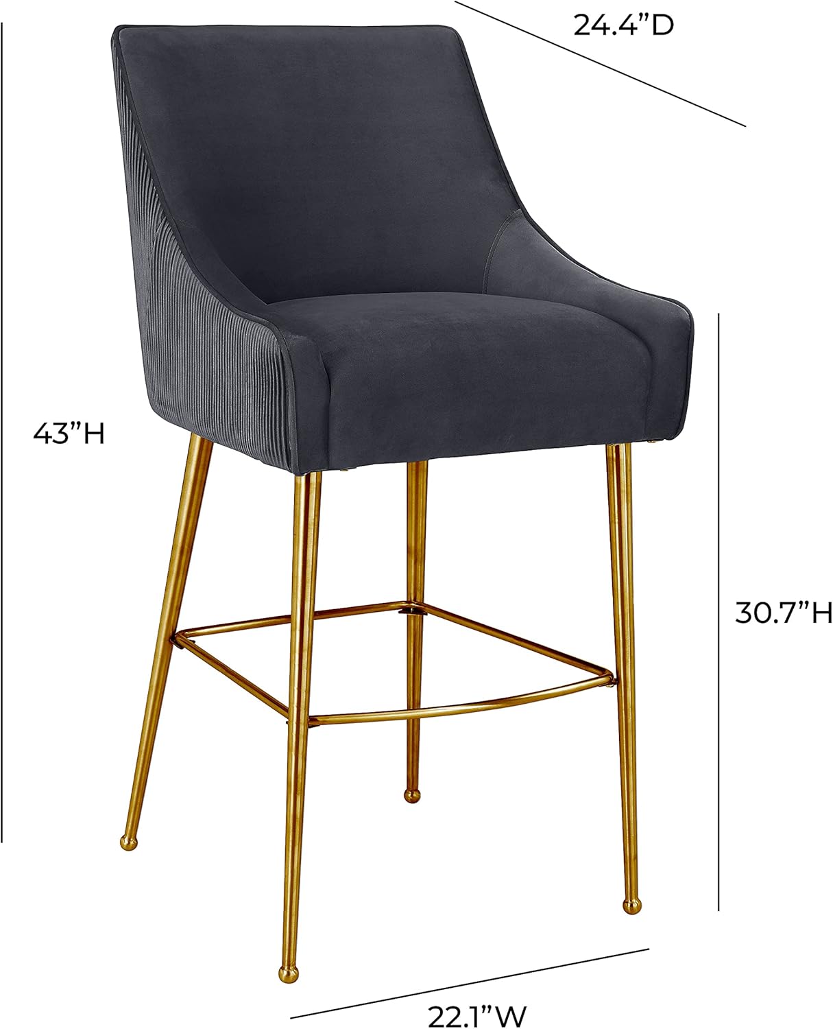 Tov Furniture Beatrix Pleated Velvet Upholstered Bar Stool with Gold Handle and Legs (Grey)