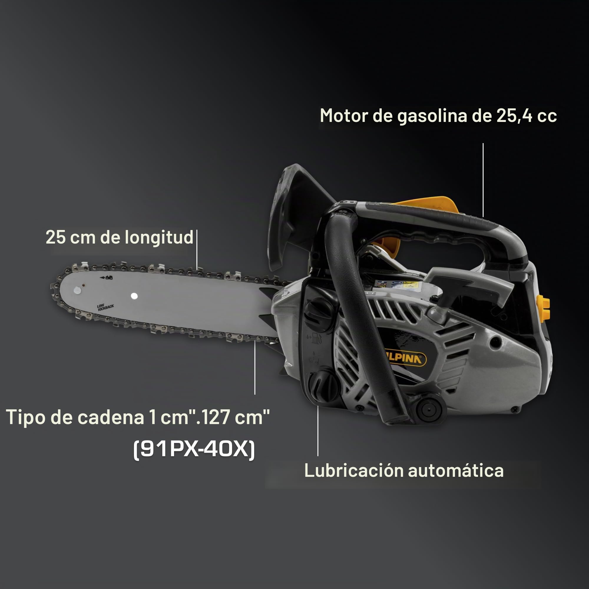 Alpina Motosierra de poda APR 25 (10)'', Para la corte de madera, Barra de corte 25 cm (10''), Motor de gasolina 25.4 cc, 900 W, Velocidad de la cadena 21 m/s, Bomba de aceite regulable