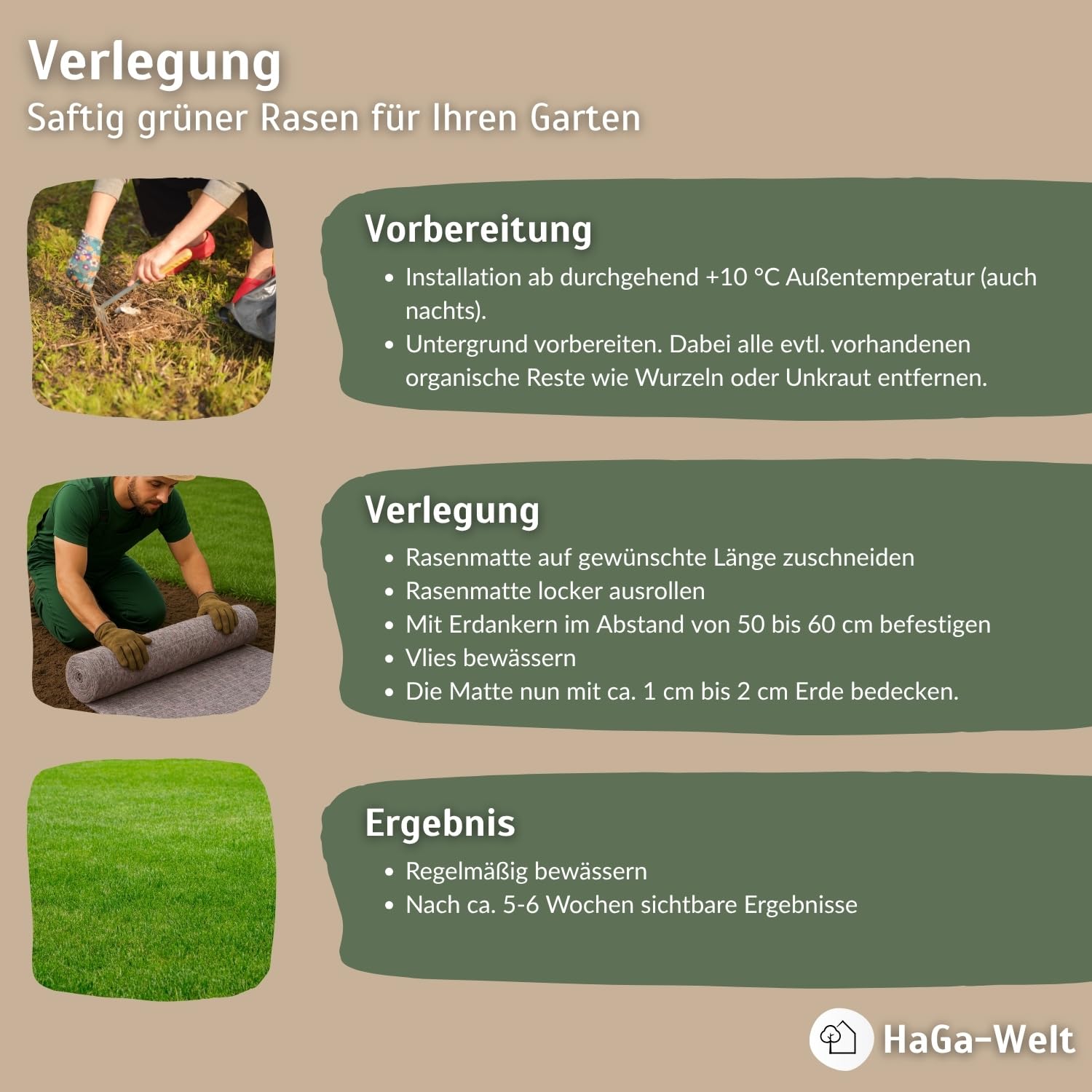 HaGa Rasenmatte 1m x 25m – biologisch abbaubarem Baumwollvlies – schnelles Wachstum mit eingebetteten Rasensamen – ideal für Garten & Hangbefestigung – natürlicher Rasenteppich mit echten Grassamen