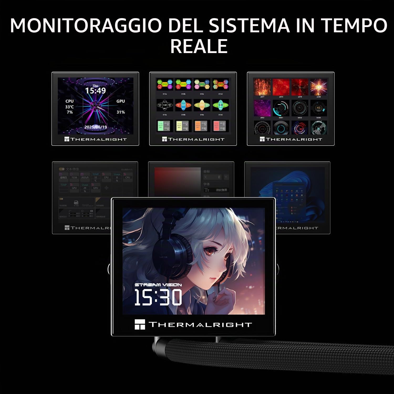 Thermalright Stream Vision 360 Black CPU - Refrigeratore di liquidi, schermo LCD da 3,5 pollici con ventola magnetica integrata, risoluzione 640 x 480, velocità 2400 giri/min, compatibile con AM5