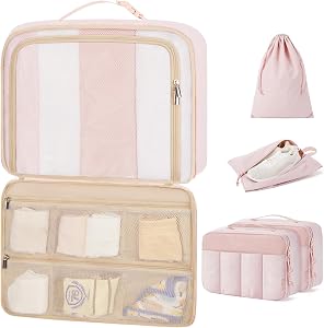BAGSMART Compression Packing Cubes for Travel, 6/5/4set Lightweight Packing Organizers, Summer Travel Essentials Suitcase Organizer Bags Set, Standard 5 Set/Light Pink