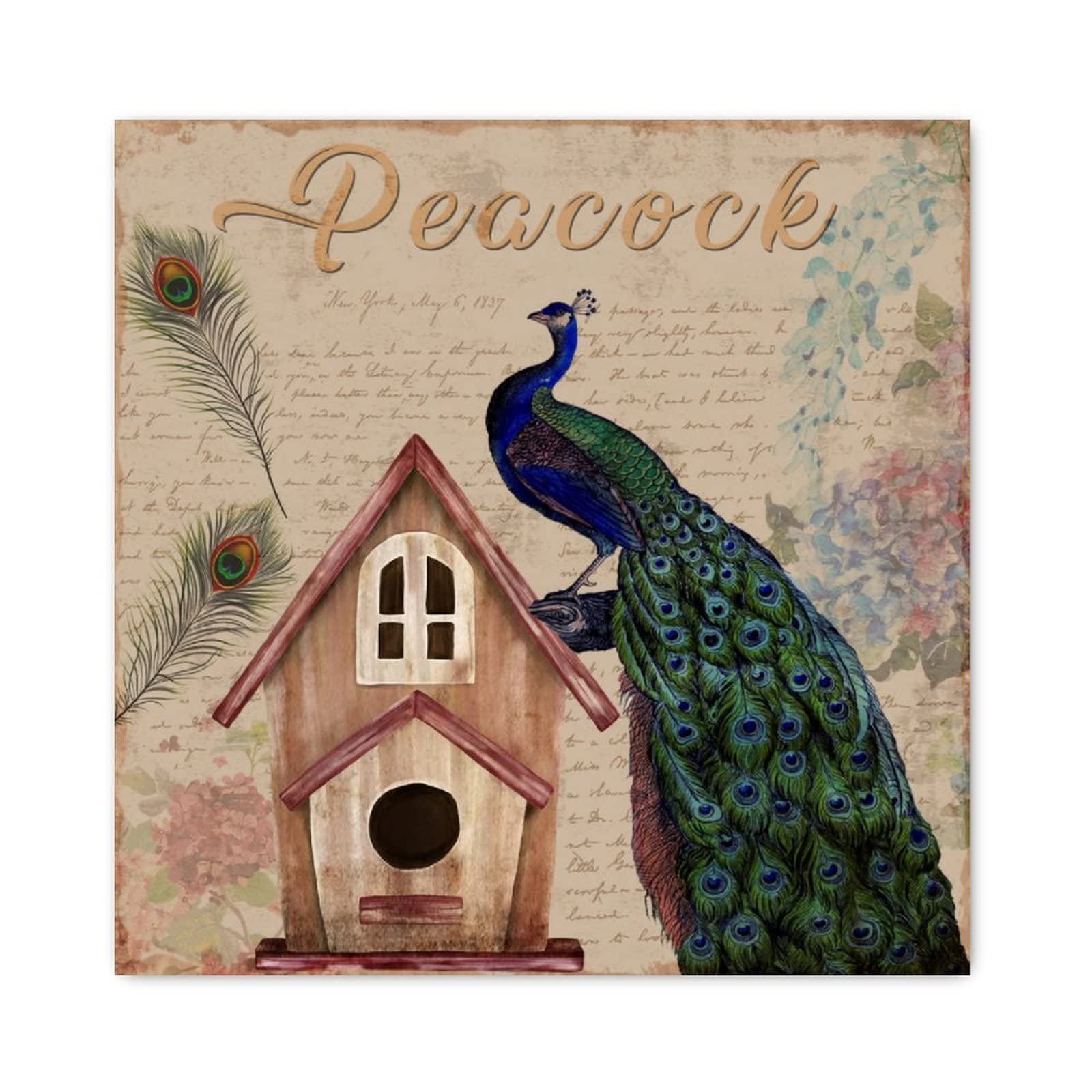 Panneau mural en bois turquoise motif paon et fleur rustique chrétienne pour salon 30x30 cm