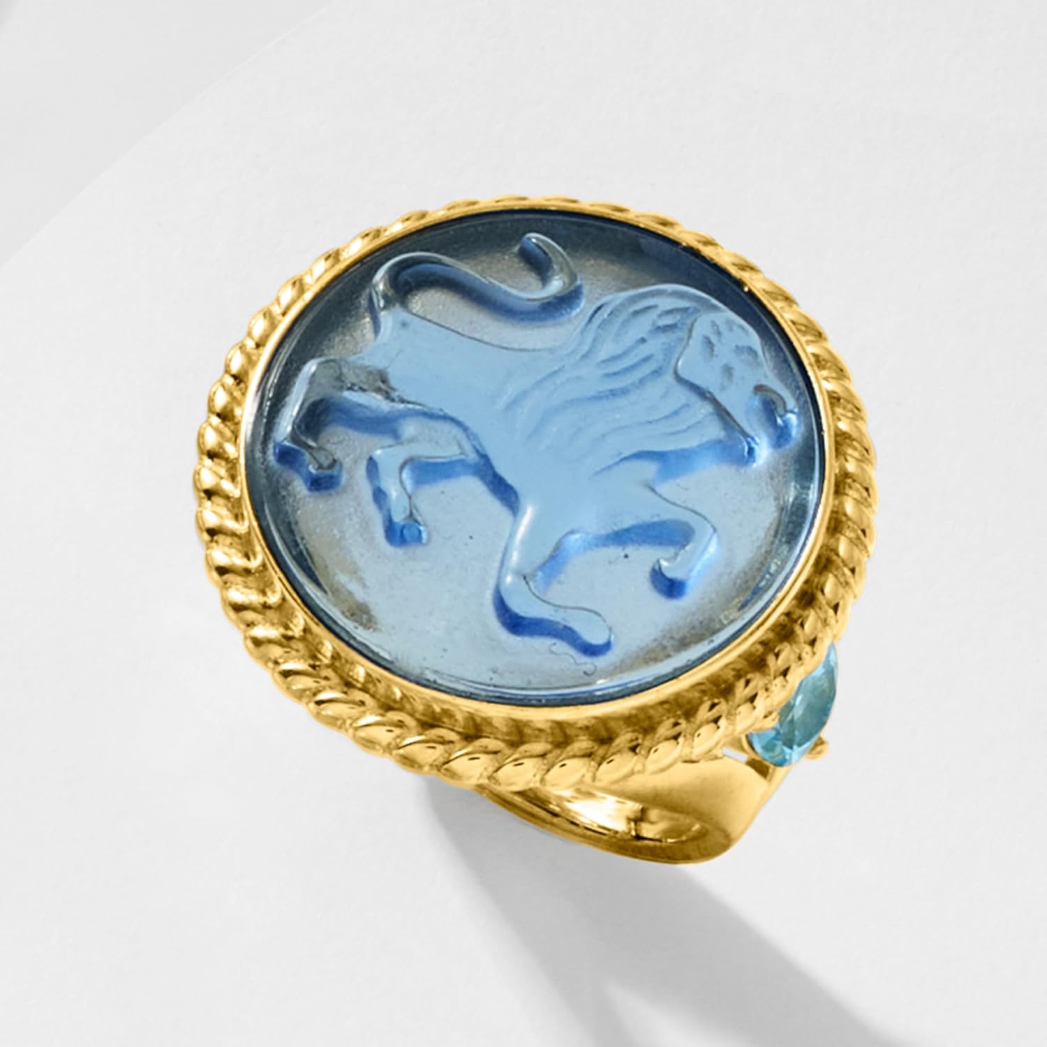 Ross-Simons Italian Tagliamonte Blue Venetian Glass Lion Ring With 1.00 ct. t.w. Swiss Blue Topaz in 18kt Gold Over Sterling