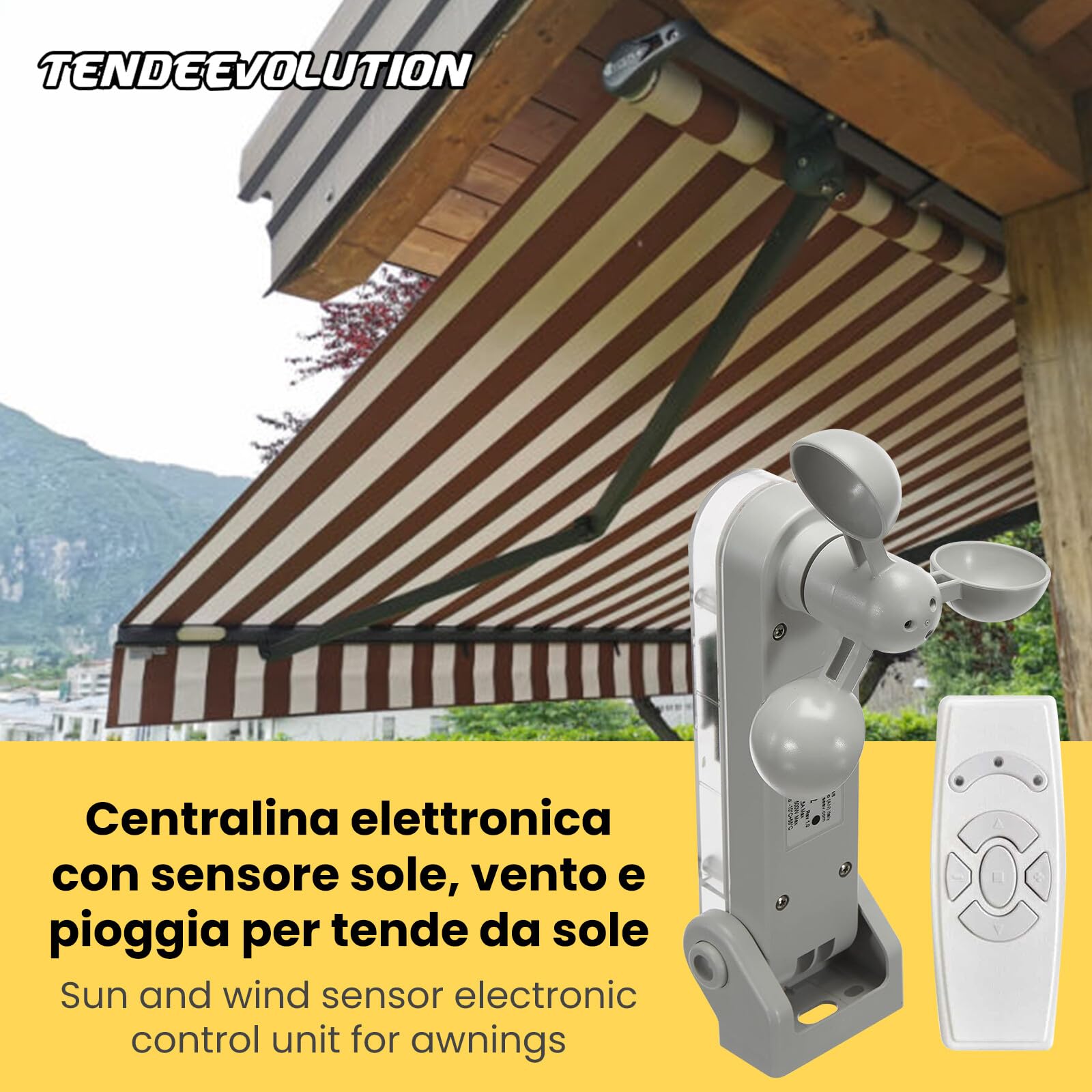TENDEEVOLUTION Markisensteuerung Wind Sonne Regen mit Windmesser, Regensensor und Fernbedienung, Markise mit Motor und Sonnensensor (Regen und Windsensor) Garten