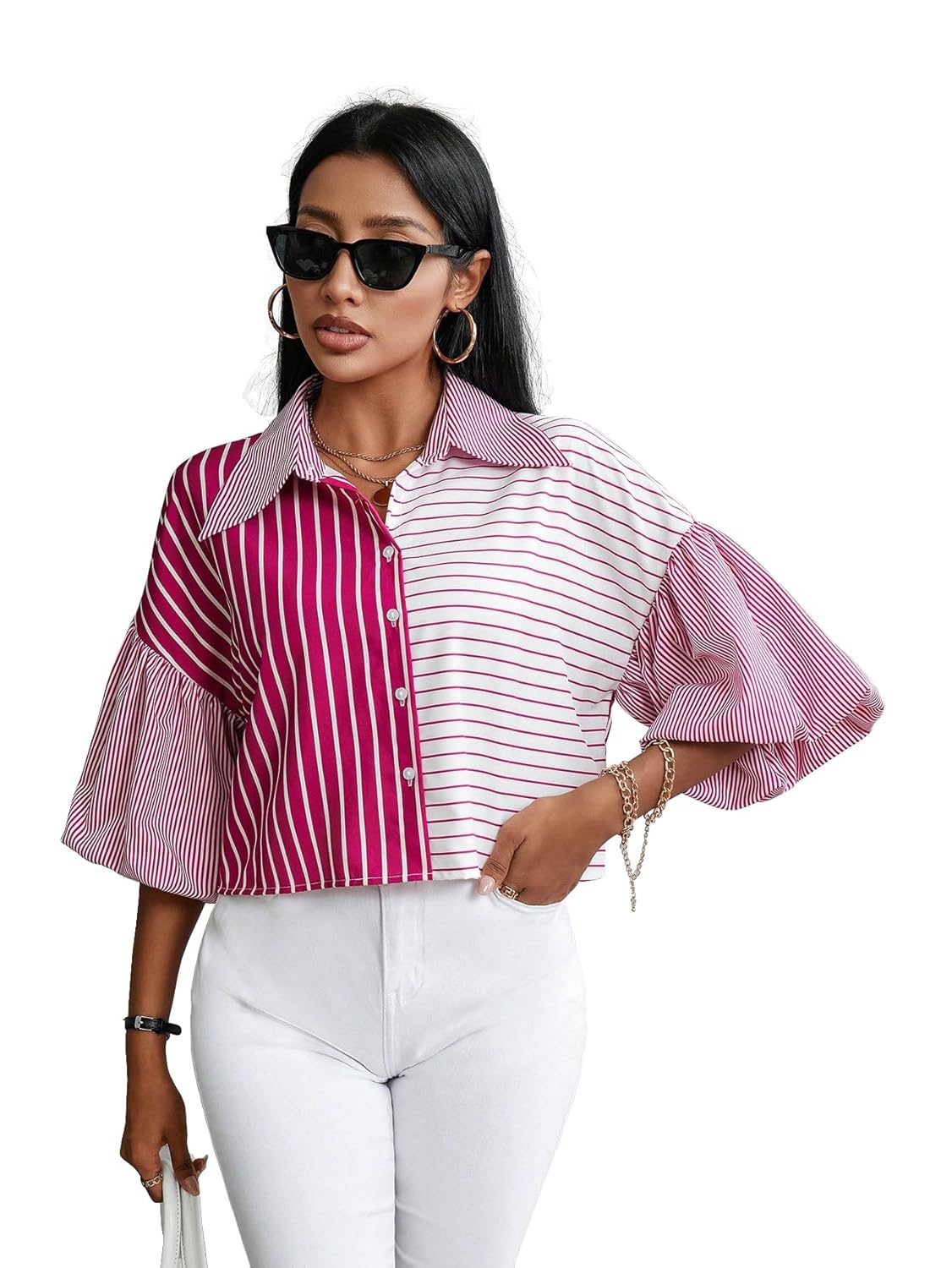Shasmi Women’s Random Striped Print Button Up Casual Shirt with Lapel Collar, Women’s Fashion Striped Design Versatile Short Batwing Sleeve Shirt (Crop Shirt 137) Shasmi Women’s Random Striped Print Button Up Casual Shirt with Lapel Collar, Women’s Fashion Striped Design Versatile Short Batwing Sleeve Shirt (Crop Shirt 137)