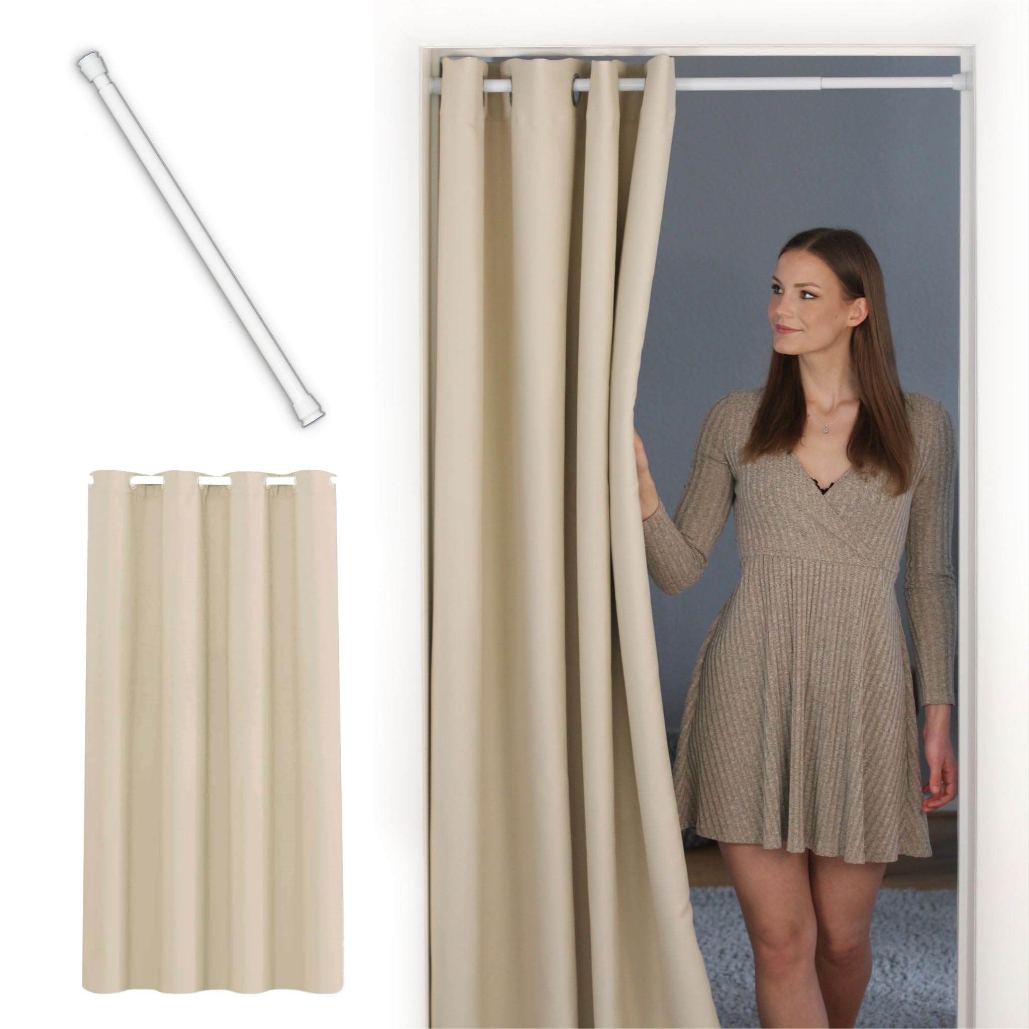 tenda per porta o armadio con asta telescopica, facile da installare in 1 solo minuto senza forare (tenda beige + asta bianca, larghezza porta 55-90 cm)