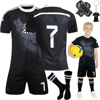 Children's Football Jersey Set, #7 Home Jerseys / Away Jerseys Boys Football T-Shirt Shorts, Football Socks, Knee Pads Set an
