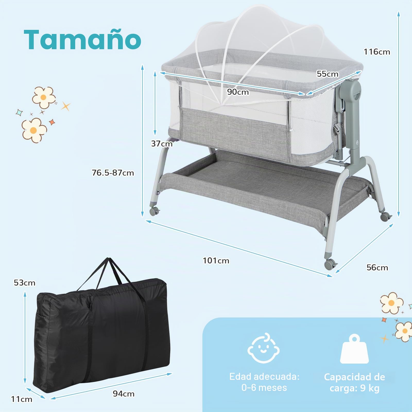 RELAX4LIFE 3 en 1 Cuna de bebé lado a la cama, cuna de camping con colchón, correa de fijación y mosquitera, altura ajustable 6 posiciones, bolsa de transporte, para niños 0-6 meses (gris)