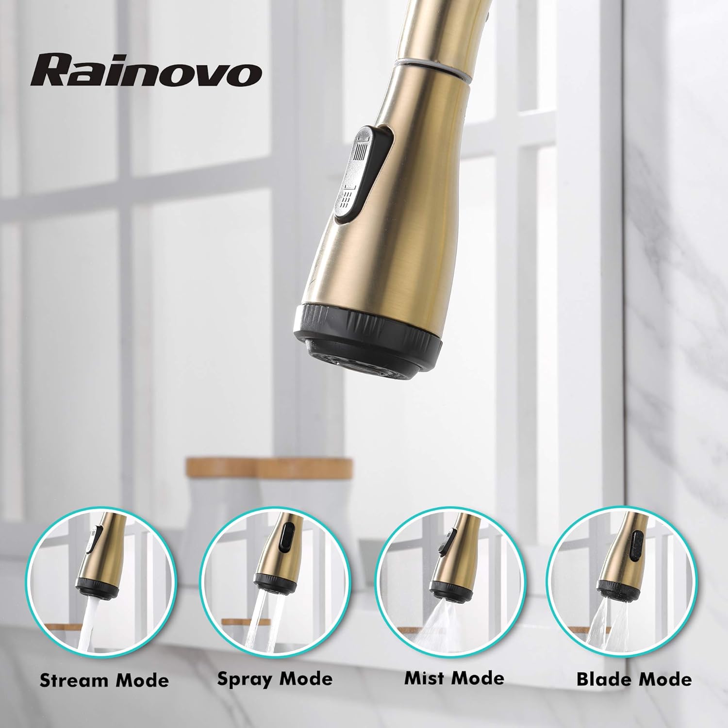 Rainovo Touchless Kitchen Faucet with 4 Modes Pull Down Sprayer Automatic Motion Sensor, Commercial Kitchen Sink Faucet Single Handle High Arc Stainless Steel with 3 Hole Deck Plate, Brushed Gold - - 