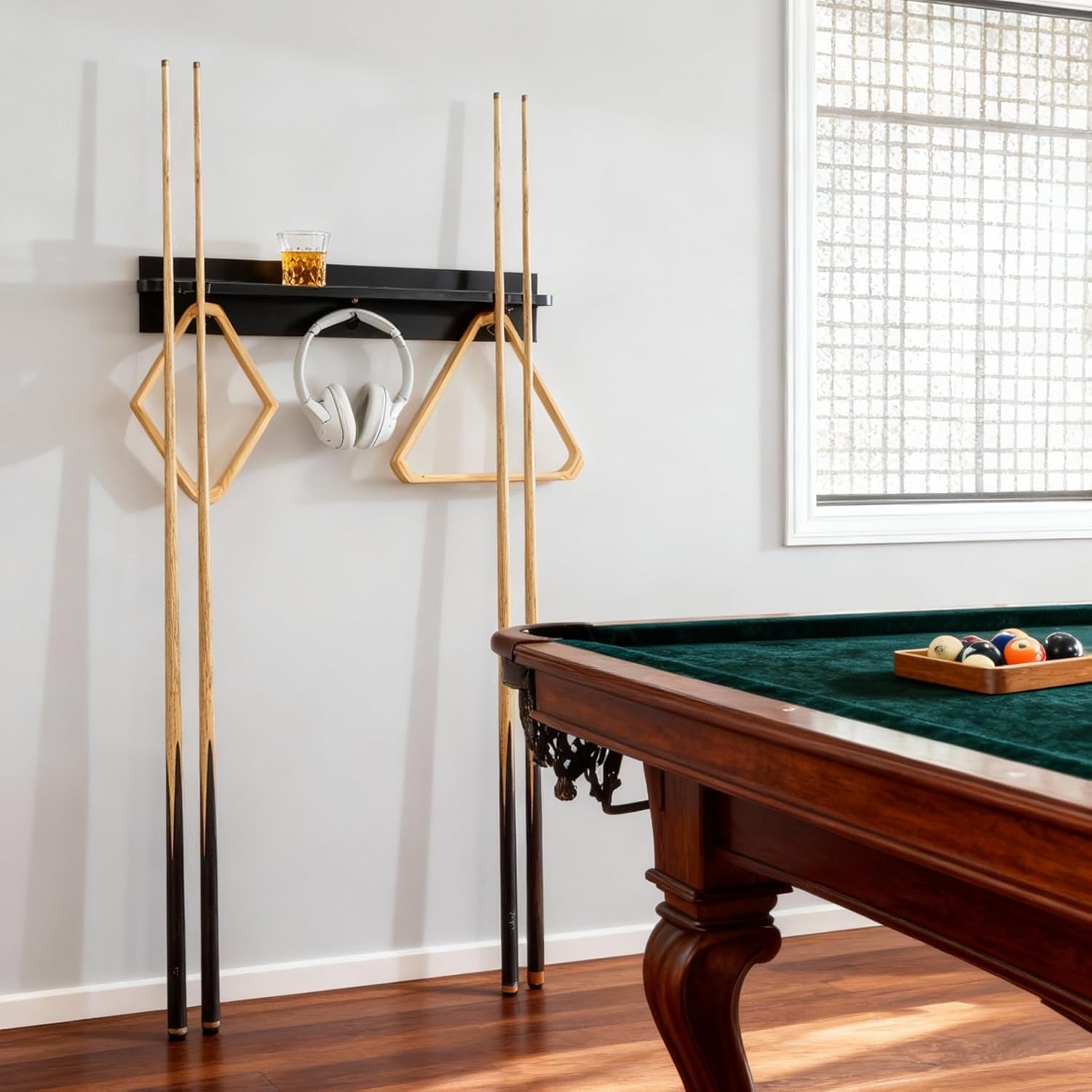 Padriva Pool Stick Holder Wall Mount - 4 Pool Cue Rack with Accessories Shelf and 4 Drink Holders - Bamboo Billiard Cue Rack for Game Room or Bar - Black - 5.1 x 23.2 x 4.3 Inches