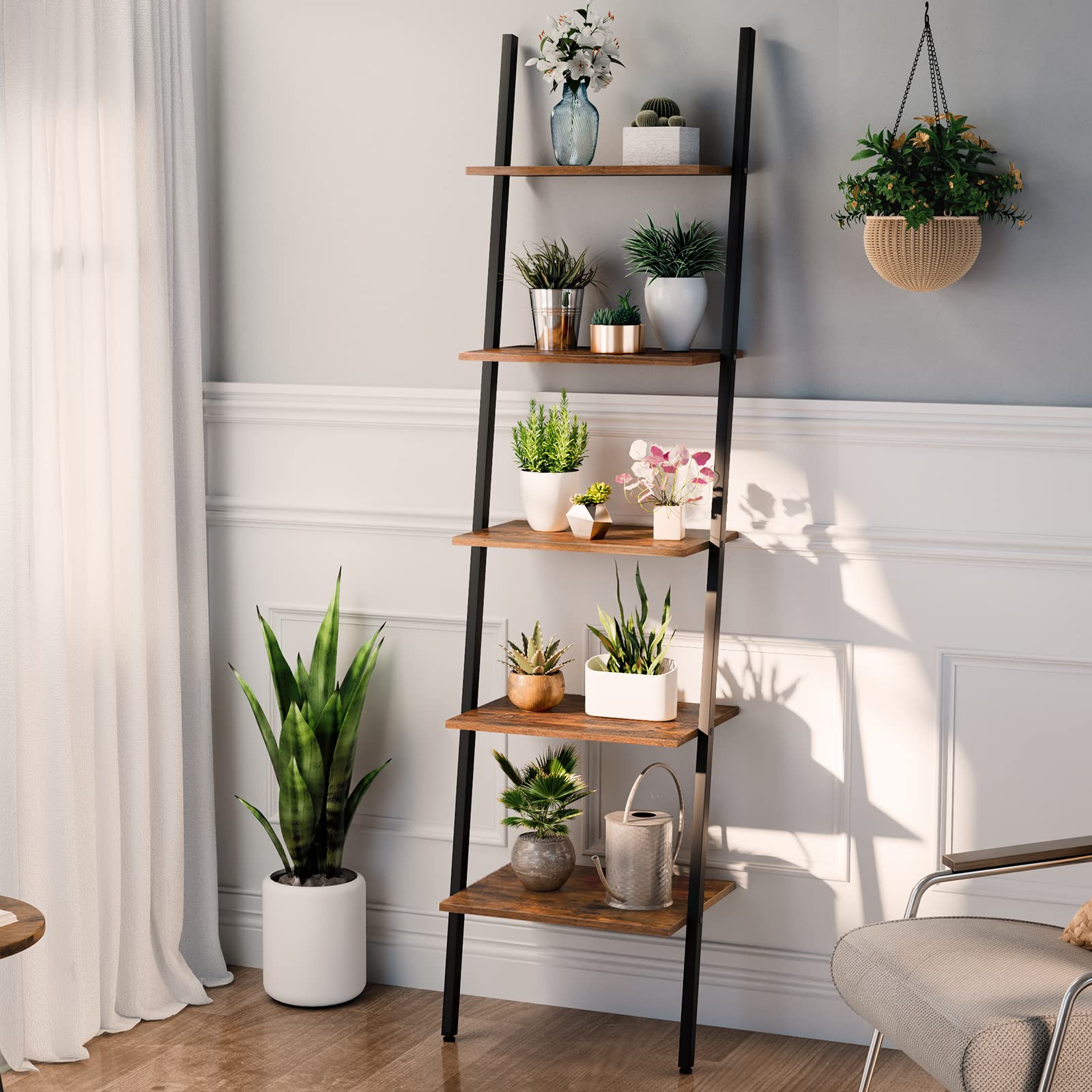 HOOBRO Ladder Shelf Leaning Shelf, 5Tier Narrow Bookshelf, Leaning