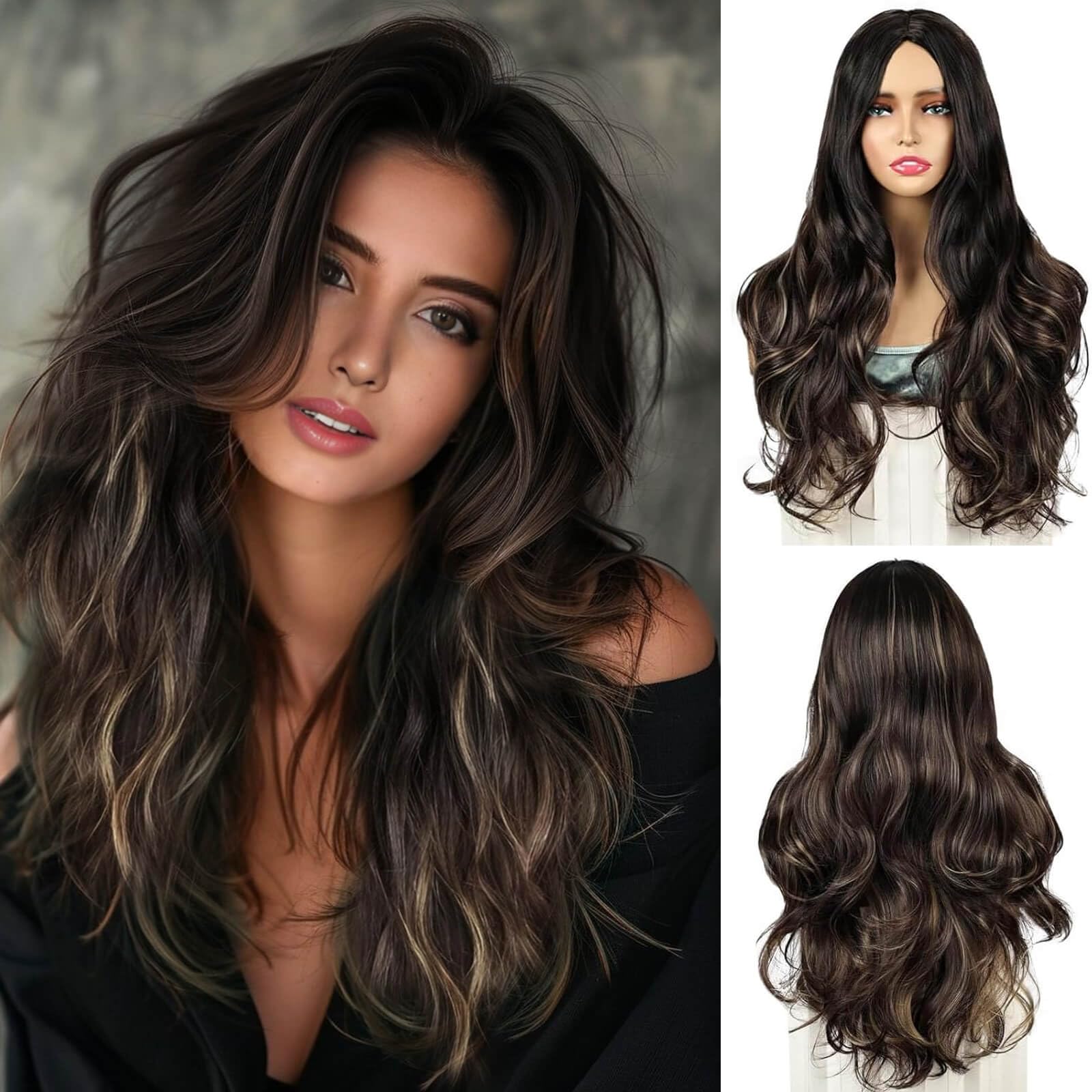 QUEENTAS 24 Inch Long Black Wigs for Women Ladies Wigs Synthetic Wig Wavy Middle Part Curly Wig for Daily Party (Black Mix Brown)