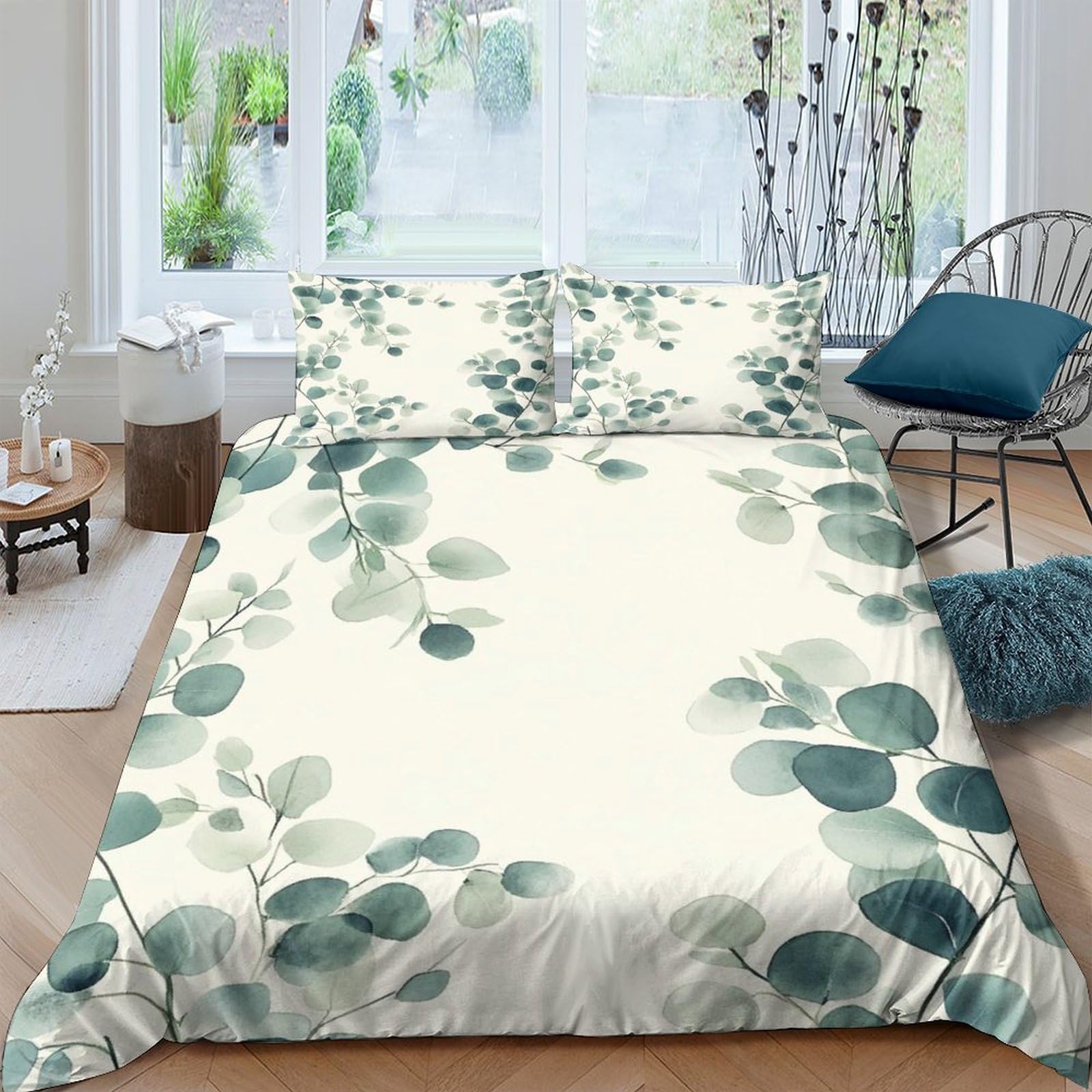 GPLZQXKJNH 3D Printed Eucalyptus Leaf Duvet Cover Set Microfiber Soft Green Botanical Quilt Cover with 2 Pillowcases for Bedroom Decor Single（135x200cm）