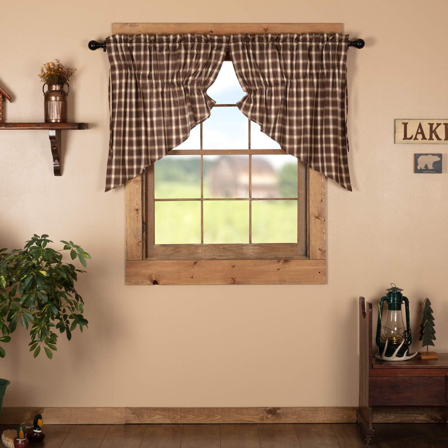 VHC Brands Rustic & Lodge Farmhouse Kitchen Window Curtains-Rory Prairie Swag Pair, 36x36x18, Chocolate Brown