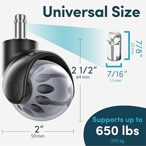 Miniatura 72 de Lifelong Ruedas de repuesto de goma para sillas de oficina, ruedas resistentes de 2 pulgadas para suelos de madera dura y alfombras, juego de 5,