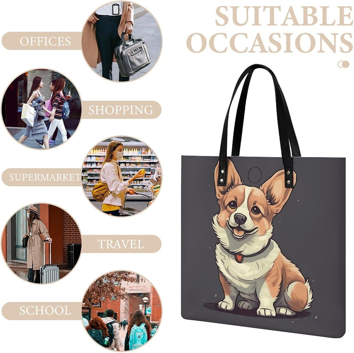 Cute Corgi Dog Illustration Handbags Large Capacity, Tote Bag Stylish Slouchy, Shoulder Bags for Work Beach Travel And Shopping Grocery.