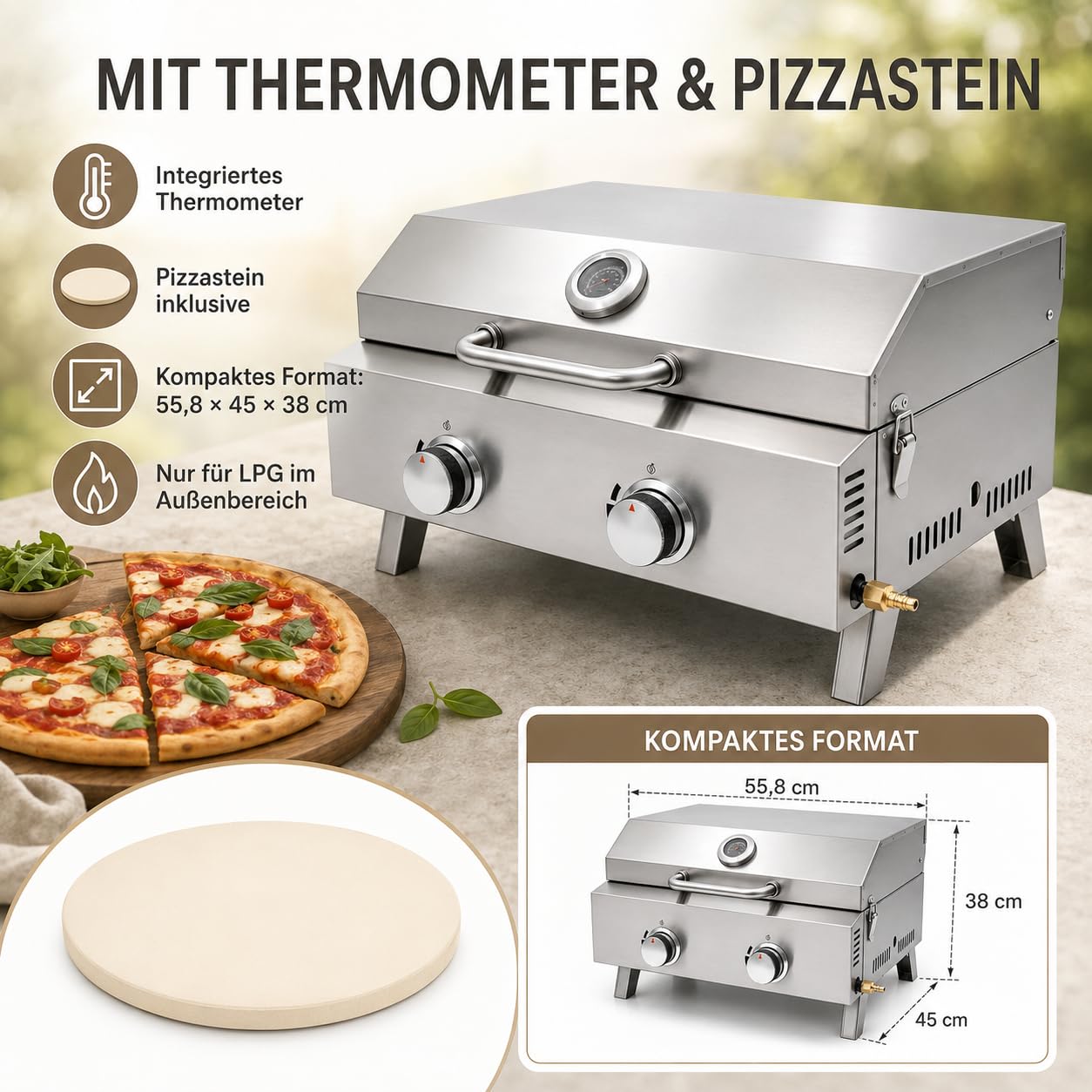 Grill gazowy, 2 palniki, kompaktowy grill gazowy ze stali nierdzewnej, przenośny, kempingowy grill gazowy LPG z rusztem do grillowania, termometrem i kamieniem do pizzy, do ogrodu, na taras, piknik i
