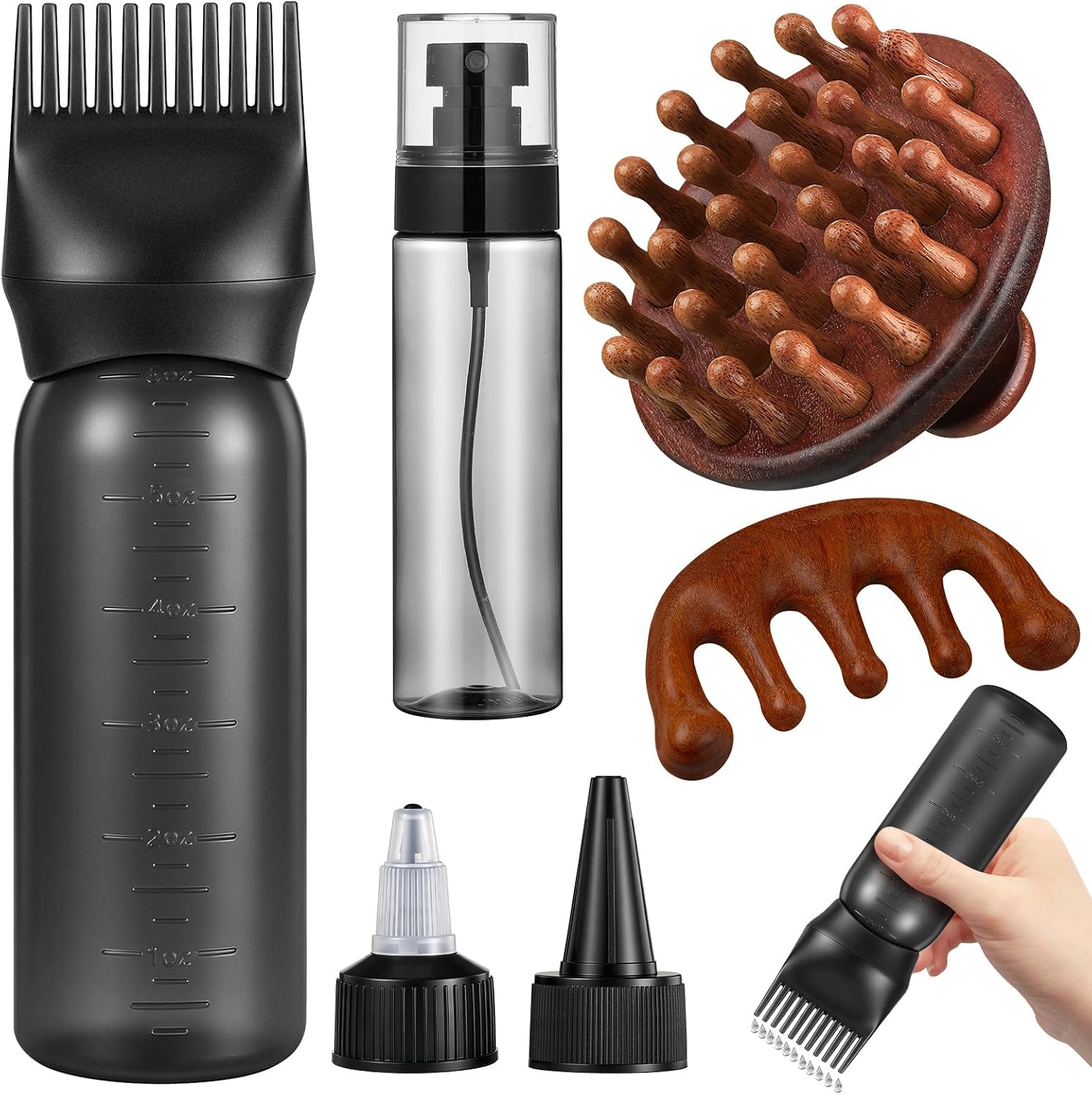 ProSuites 6 in 1 Set Wooden Head Scalp Massager Comb Tool Hair Gua Sha Comb with 6 OZ Hair Oil Applicator Bottle Spray Bottle for Relaxation
