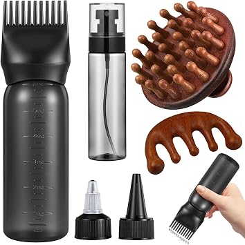 ProSuites 6 in 1 Set Wooden Head Scalp Massager Comb Tool Hair Gua Sha Comb with 6 OZ Hair Oil Applicator Bottle Spray Bottle for Relaxation