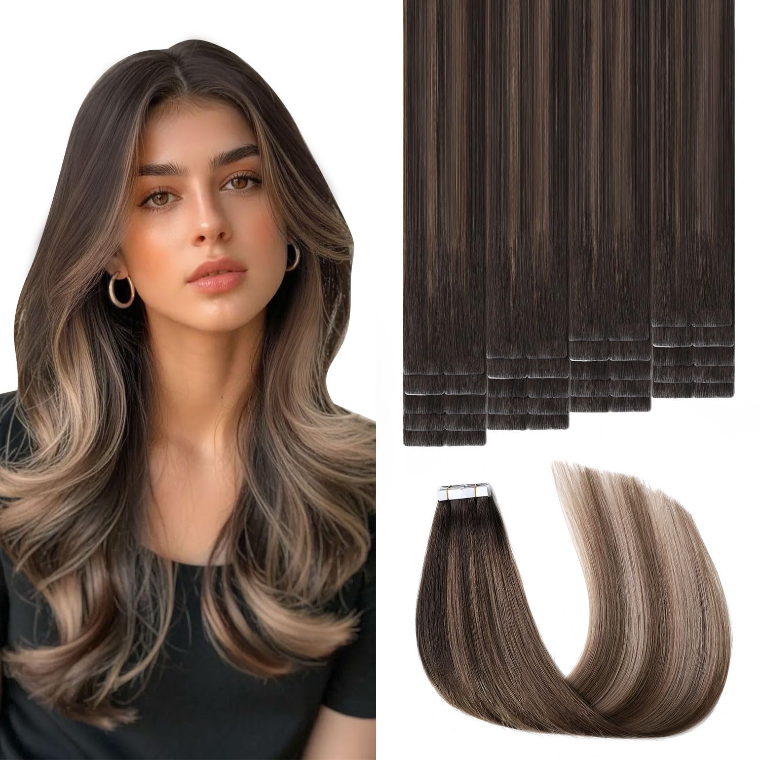 Invisible Tape in Hair Extensions Real Human Hair 3rd-Generation #2/6/18 Dark Brown to Dirty Blonde Color 20pcs 30g 14inch Injected Hand-Tied Invisi Edge Tape ins Extension（#2/6/18-14inch）