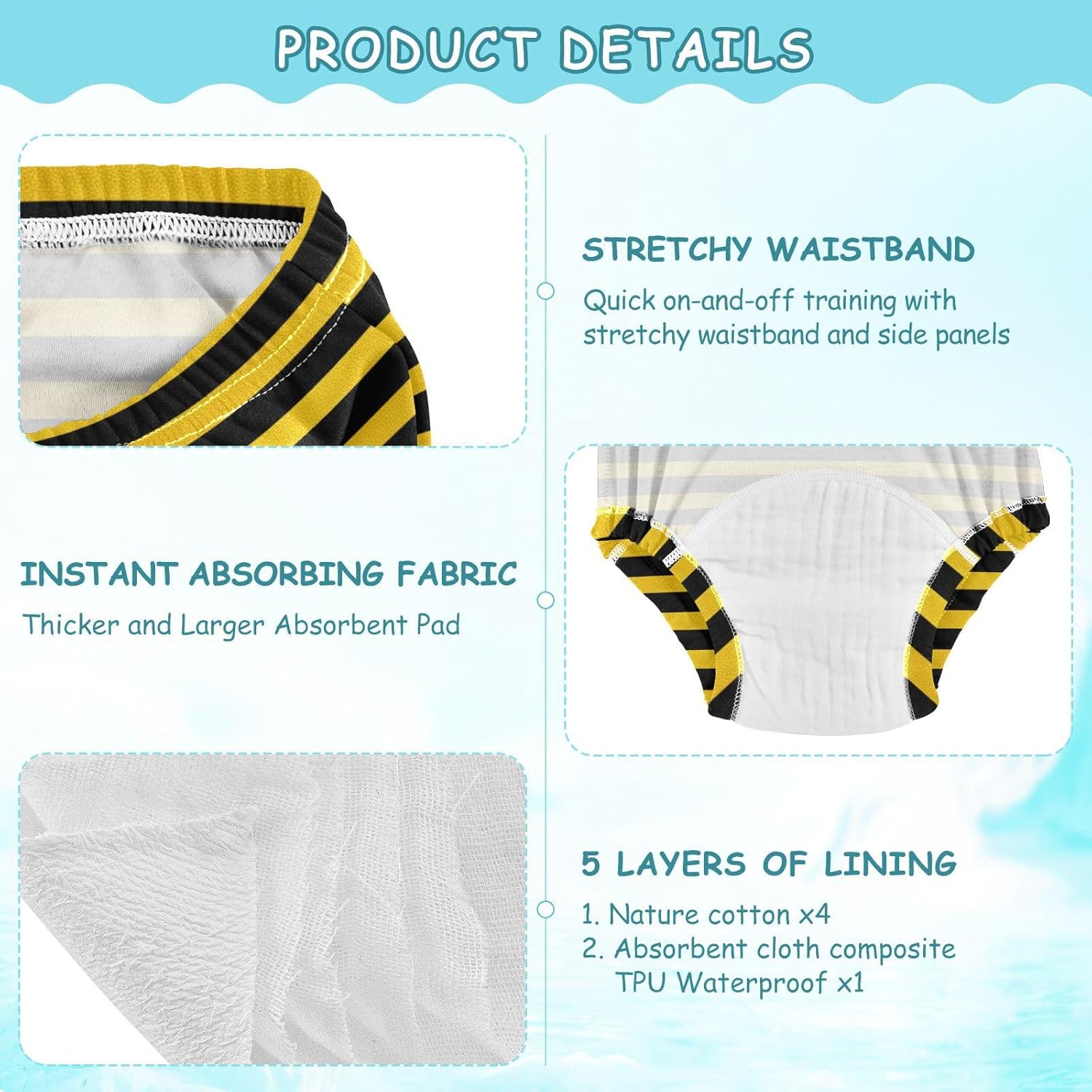 Baby Boys Potty Training Pants Absorb Water Funny Striped Gold and Black Overnight Potty Training Underwear Pants