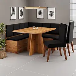 Conjunto Canto Alemão com Baú Mesa 120x77,5cm Tampo sem Vidro com 2 Cadeiras Milão Mel/Preto