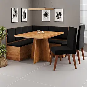Conjunto Canto Alemão com Baú Mesa 120x77,5cm Tampo sem Vidro com 2 Cadeiras Milão Mel/Preto