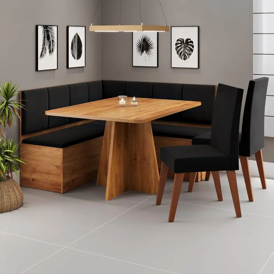 Conjunto Canto Alemão com Baú Mesa 120x77,5cm Tampo sem Vidro com 2 Cadeiras Milão Mel/Preto