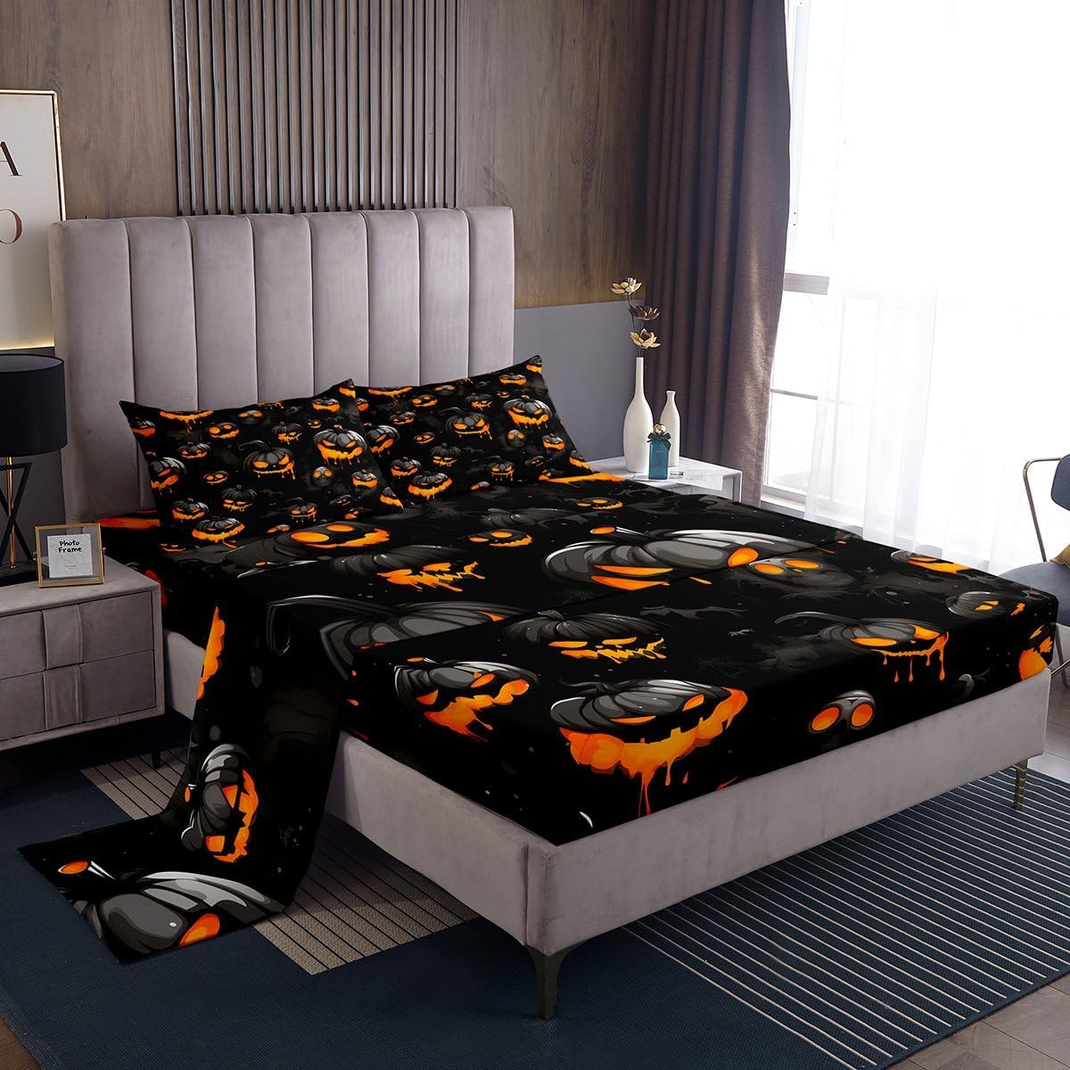 Feelyou Happy Halloween Bed Sheets Set Full Size Pumpkin Lantern Deep Pocket Fitted Sheet Black Orange Gray Bedding Sets Horror Theme Soft Bed Set 4Pcs with 2 Pillow Cases