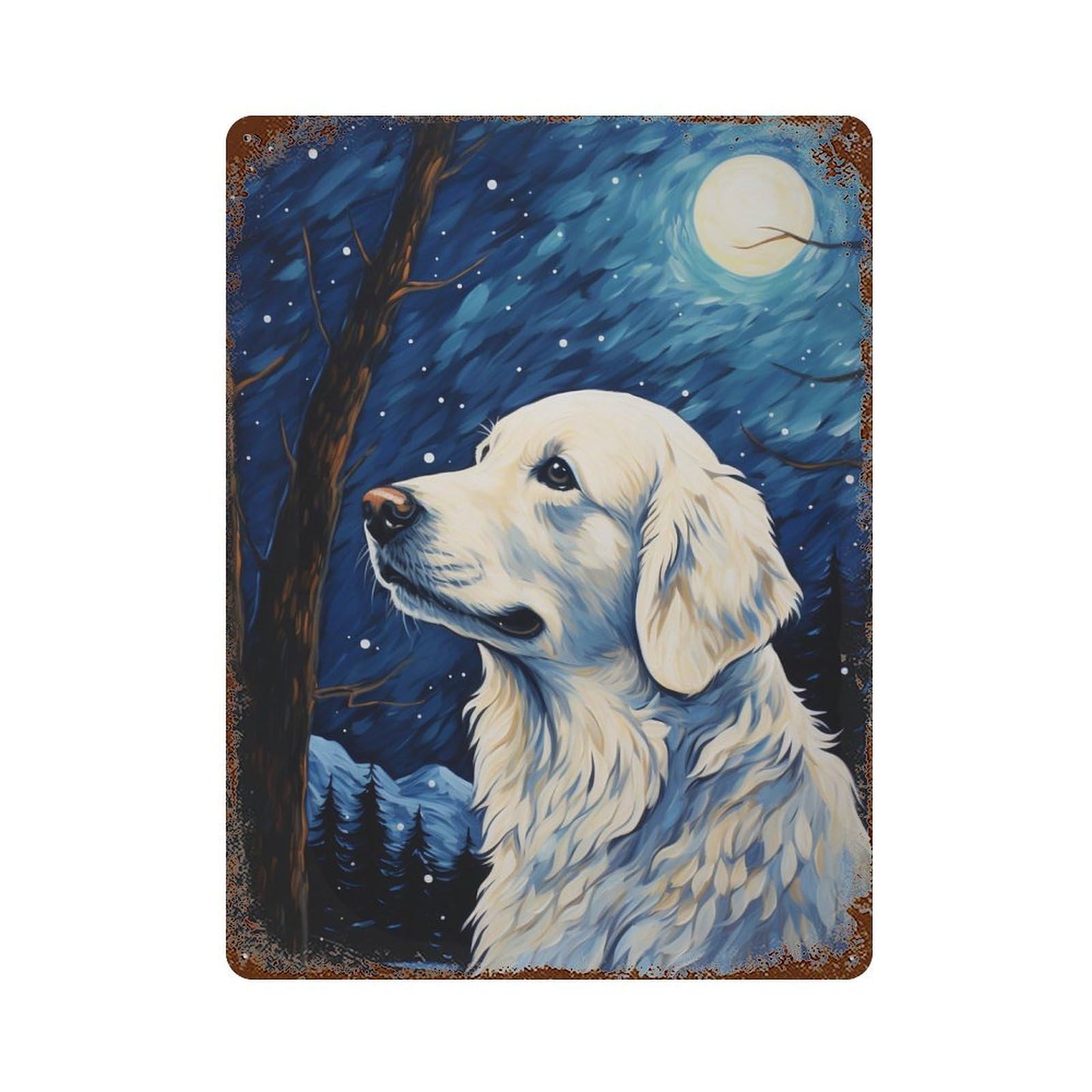 Rust Effect Golden Retriever Moonlit Night Vintage Rust Metal Sign 15.7"x11.8", Old School Wall Decor for Basement, Hobby Room And Garage Decor