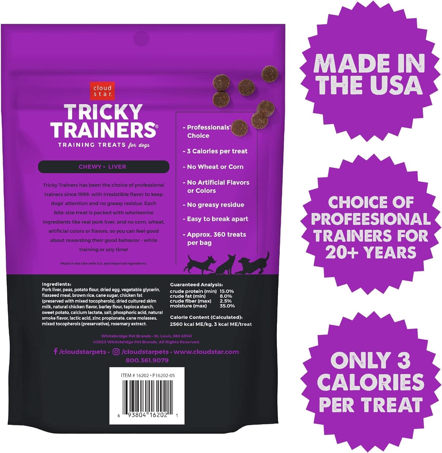 (3 Pack) Cloud Star Tricky Trainers Chewy Dog Treats Whole Grain Soft for Adult & Puppy - Liver 14oz Each with 10ct Pet Wipes