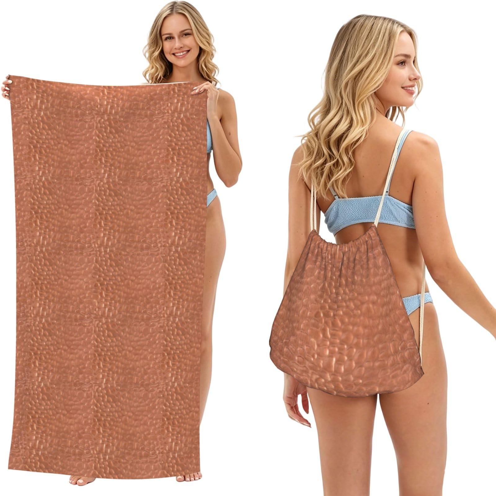 Poadnly Hammered Copper Look, 2 in 1 Packable Towel Bag, Beach Towels with Drawstring Backpack for Travel Holiday Camping