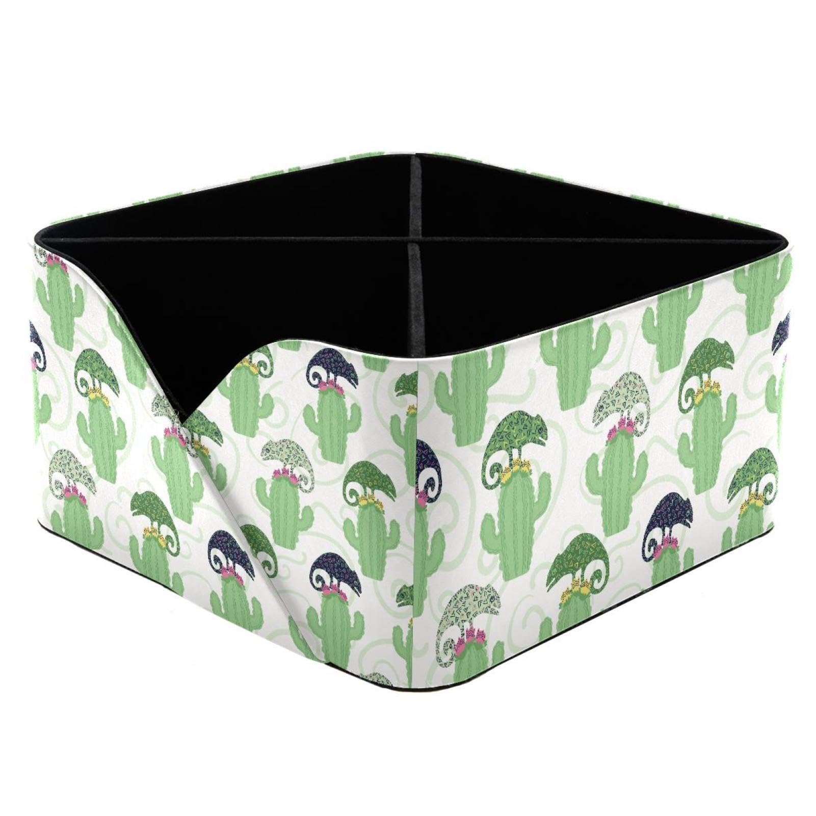 KengjuTesu Reptile Chameleon Lizard and Cactus Plant Pattern Desktop Organizer Pen Holder, Rectangular Pencil Cup for Office, Study and Makeup Stations