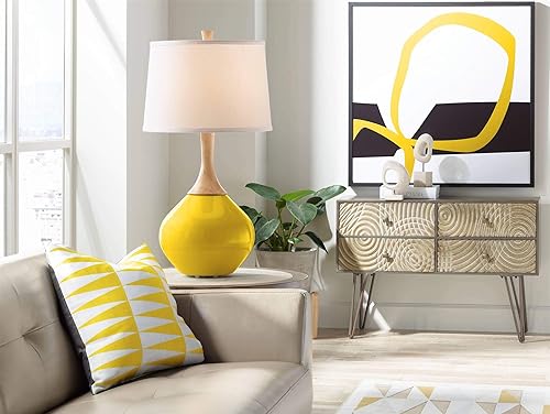 Miniatura 3 de Color + Plus Wexler - Lámpara de mesa moderna de 31 pulgadas de alto, cuello de madera de cristal amarillo cítrico, pantalla cónica blanca para