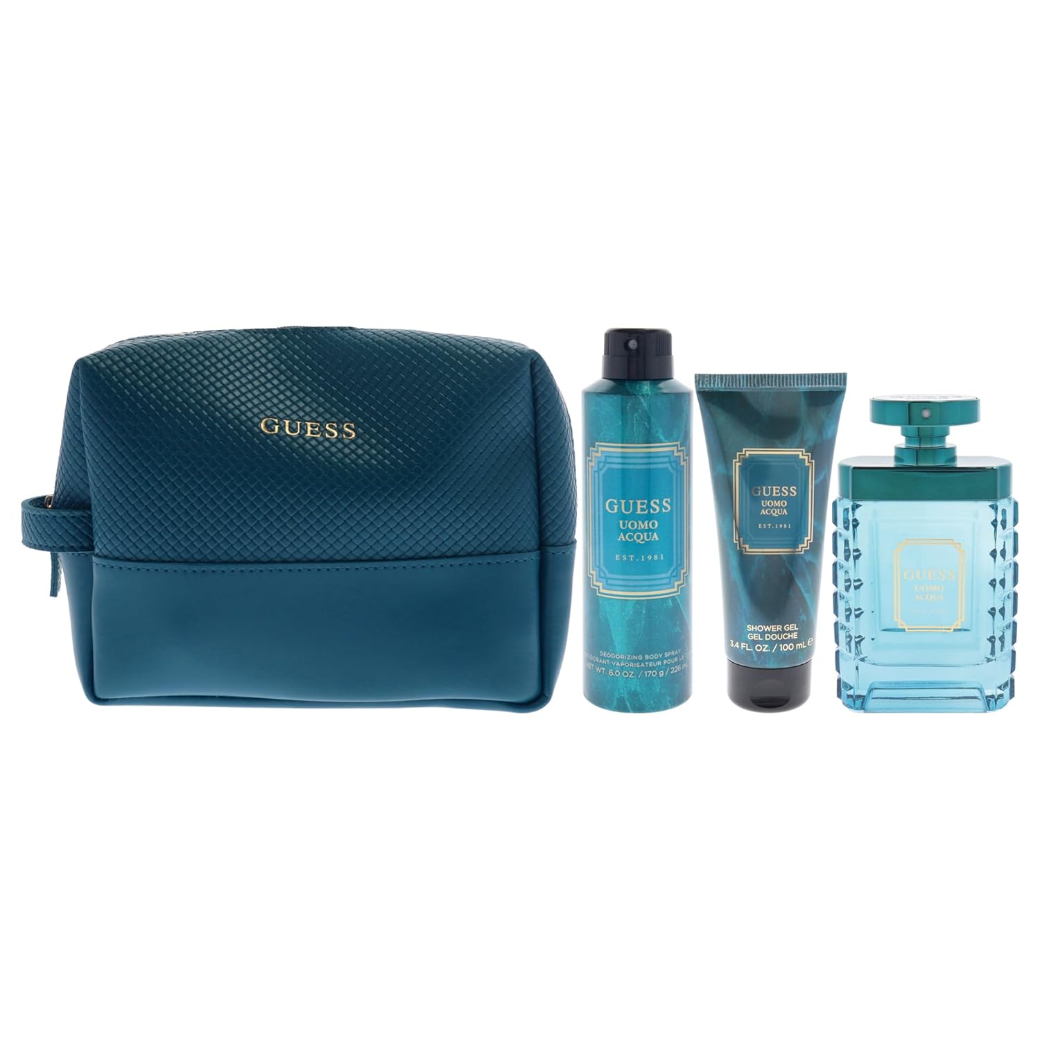 Guess Uomo Acqua by Guess for Men - 4 Pc Gift Set 3.4oz EDT Spray, 6oz Deodorizing Body Spray, 3.4oz Shower Gel, Pouch - Image 2
