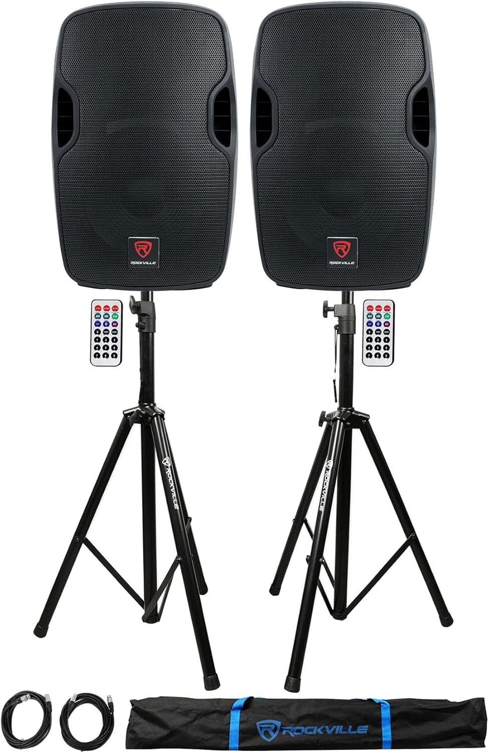 Rockville BPA12 Bundle: (2) 600W 12 in Powered Active DJ PA Speakers with Bluetooth USB SD FM LCD, Adjustable Tripod Speaker Stands, 20 ft XLR Cables, 4-Items